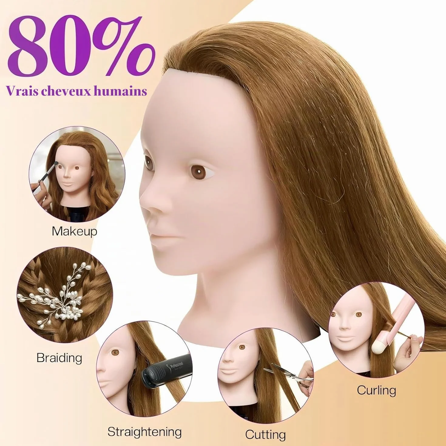Neverland 24" Tete a Coiffer Professionnelle avec Support Tête de Maquillage 80% Cheveux Naturel Tête de Coiffure