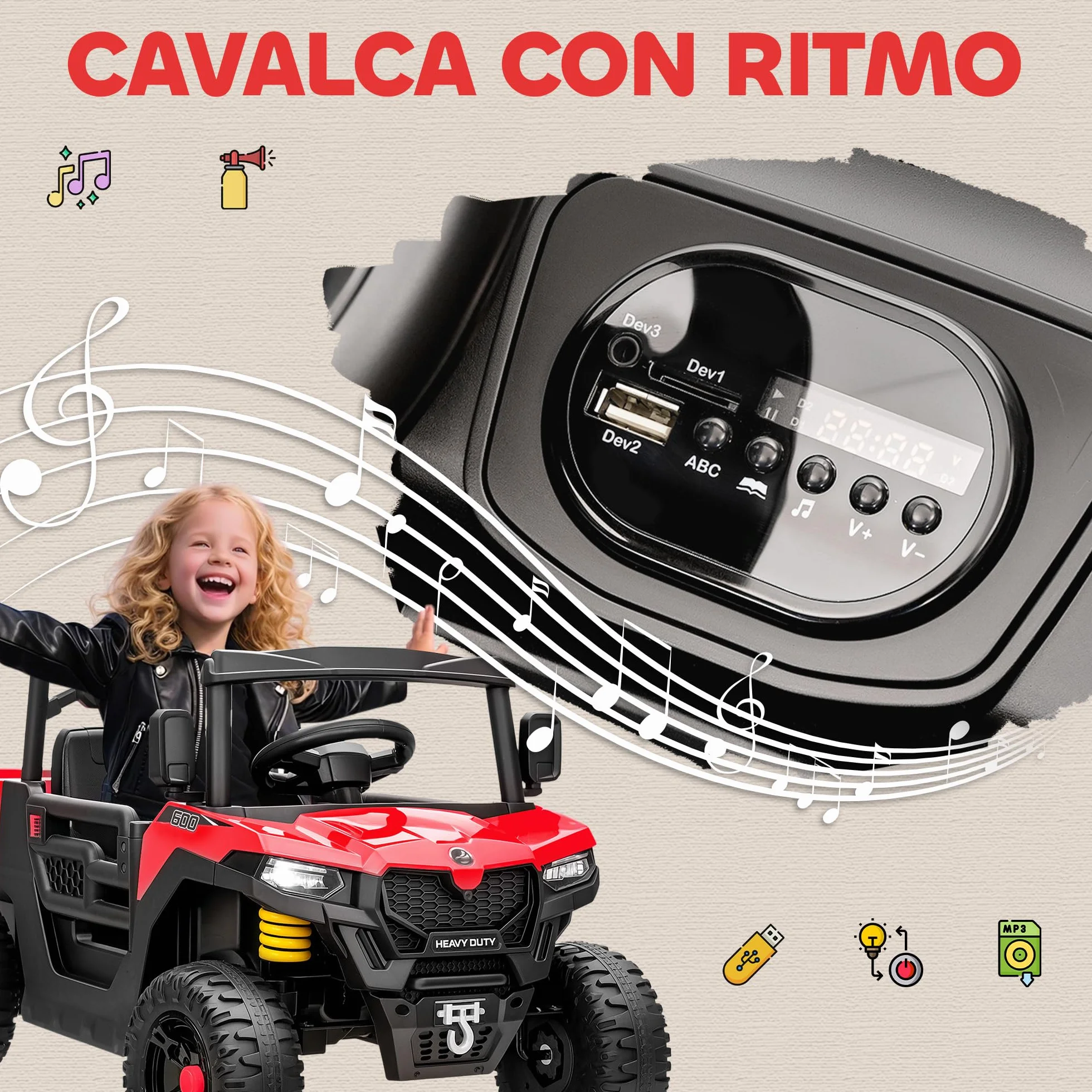 AIYAPLAY UTV 12V Voiture électrique Tout-Terrain pour Enfants avec Coffre à Bagages, 2 Moteurs, Ceinture de sécurité 3 Points, télécommande, Suspension, USB, Musique, lumières, 1,8-3,7 km/h, 3-8 Ans,