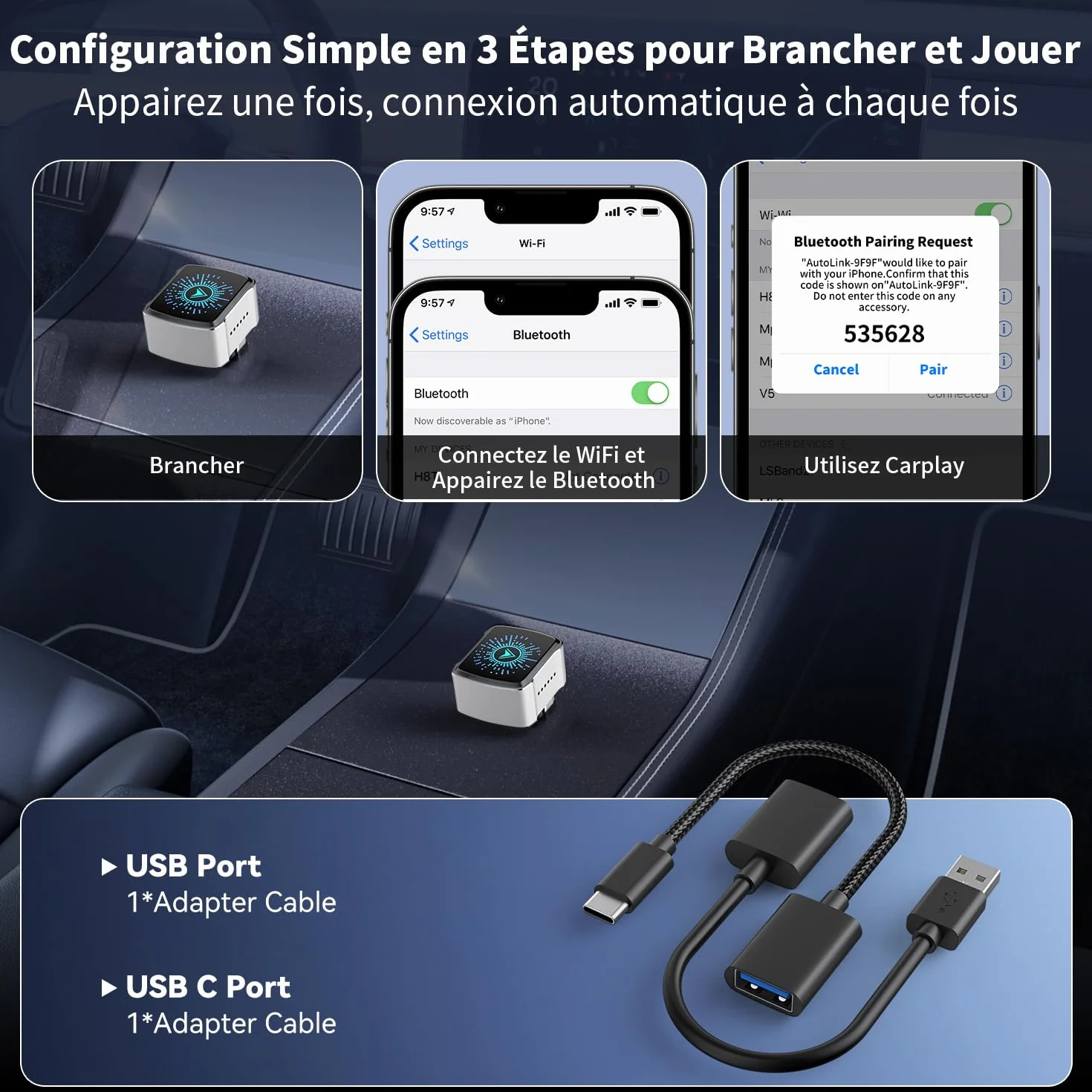 Adaptateur CarPlay sans Fil pour iPhone iOS 12+ Android Auto Compatible Voitures CarPlay Câblé 2016+ USB-A/C Connexion Rapide Stable Argent