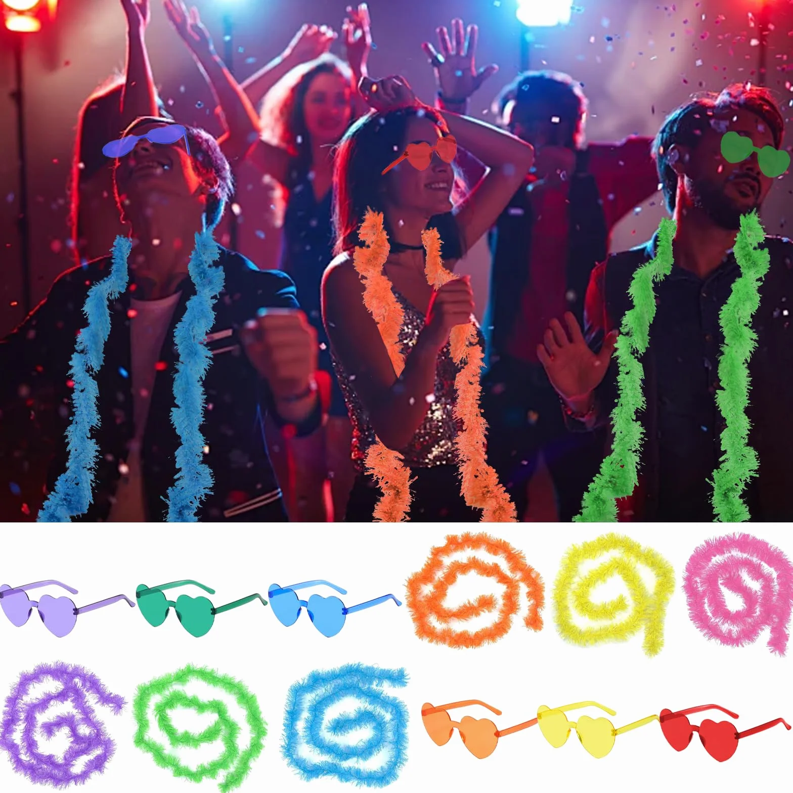 Boas Plumes Déguisement 6 Pcs 6.6ft La Plume Colorées Clapet Lunettes de Soleil Sans Monture pour Cosplay Halloween
