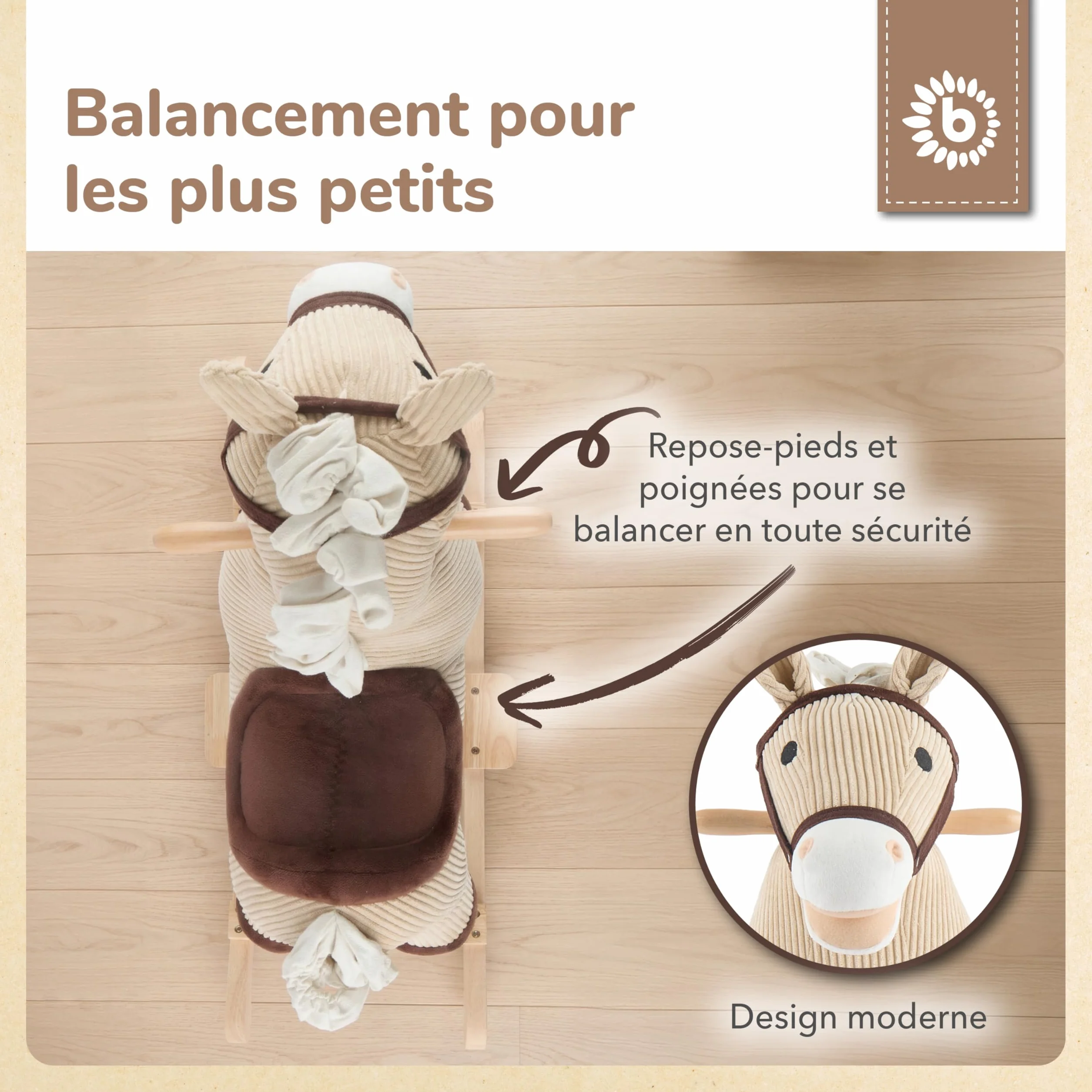 Bieco Cheval à bascule en peluche Lucky 68 cm | Jouet à bascule en bois pour enfant à partir de 1 an