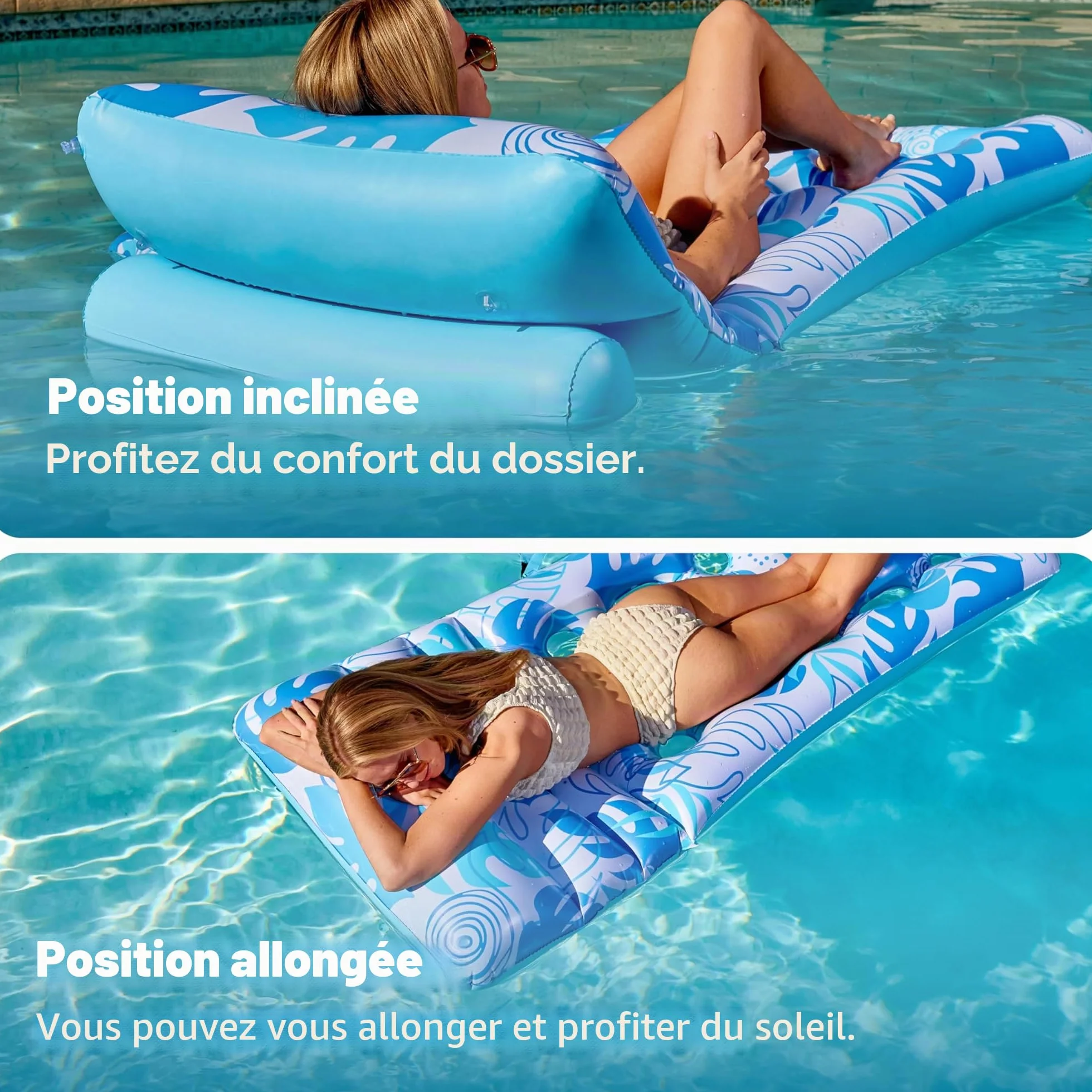 SLOOSH Matelas Gonflable pour Adultes, Transat de Piscine avec Dossier Réglable et Porte-Gobelets, Bouée Flottante pour Bronzage