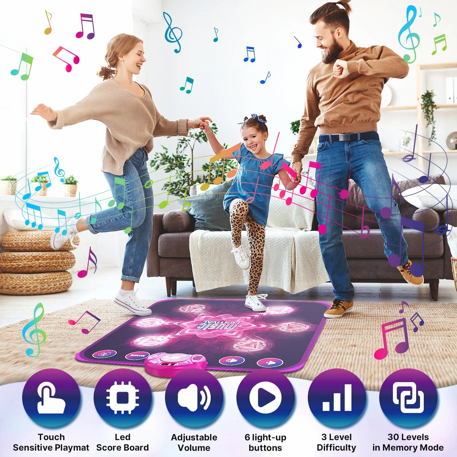 Tapis de Danse Musical pour Enfants avec 6 Flèches LED, 5 Modes de Jeu, Cadeau Anniversaire Noël 3-10+