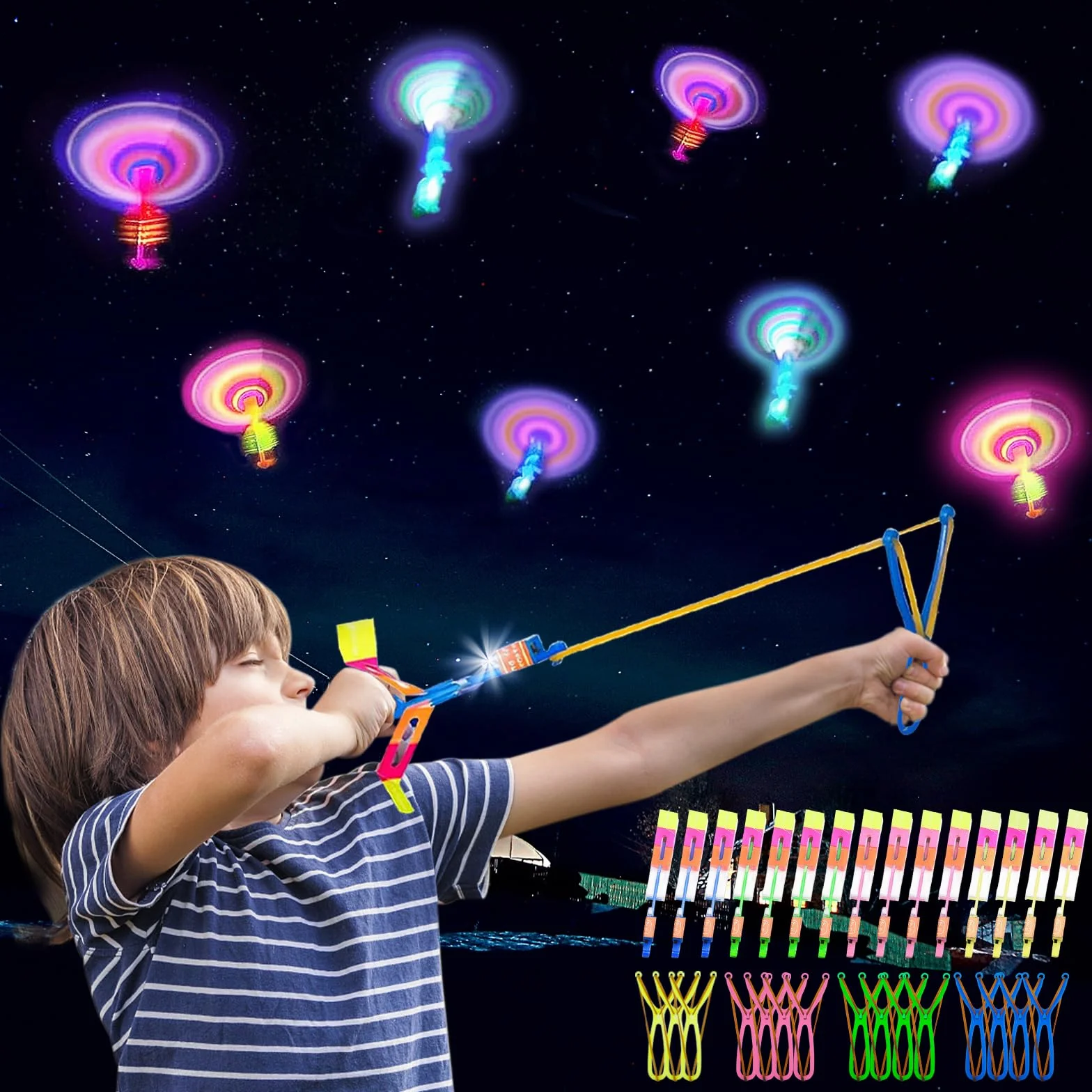 Jouets LED Lumineux Helicoptere 15 Pièces Catapulte Volant Fronde pour Enfants Anniversaire