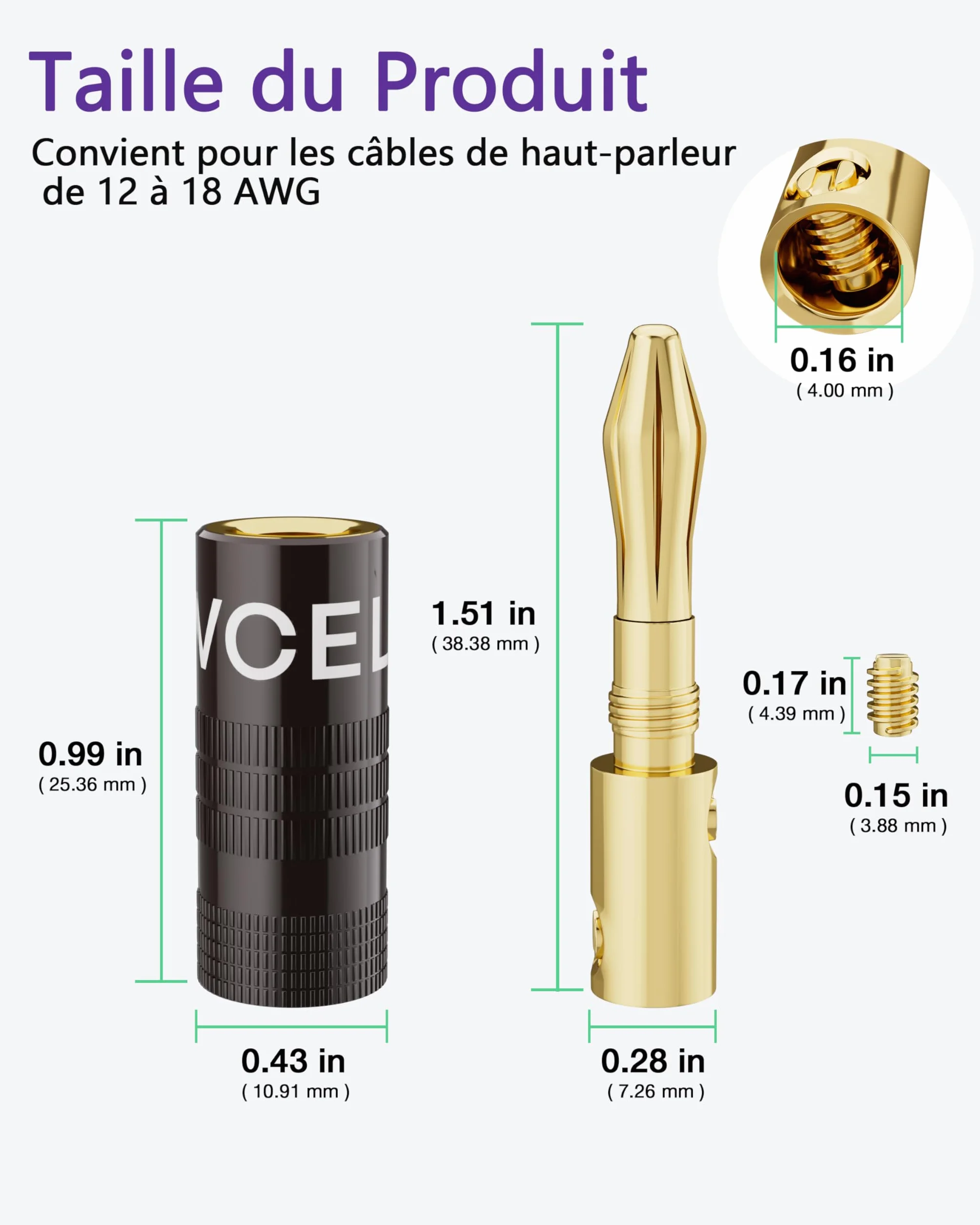 VCELINK Fiches Banane Plaquées Or 24K Double Vis pour HiFi Haut-Parleur Amplificateur 2 Paires