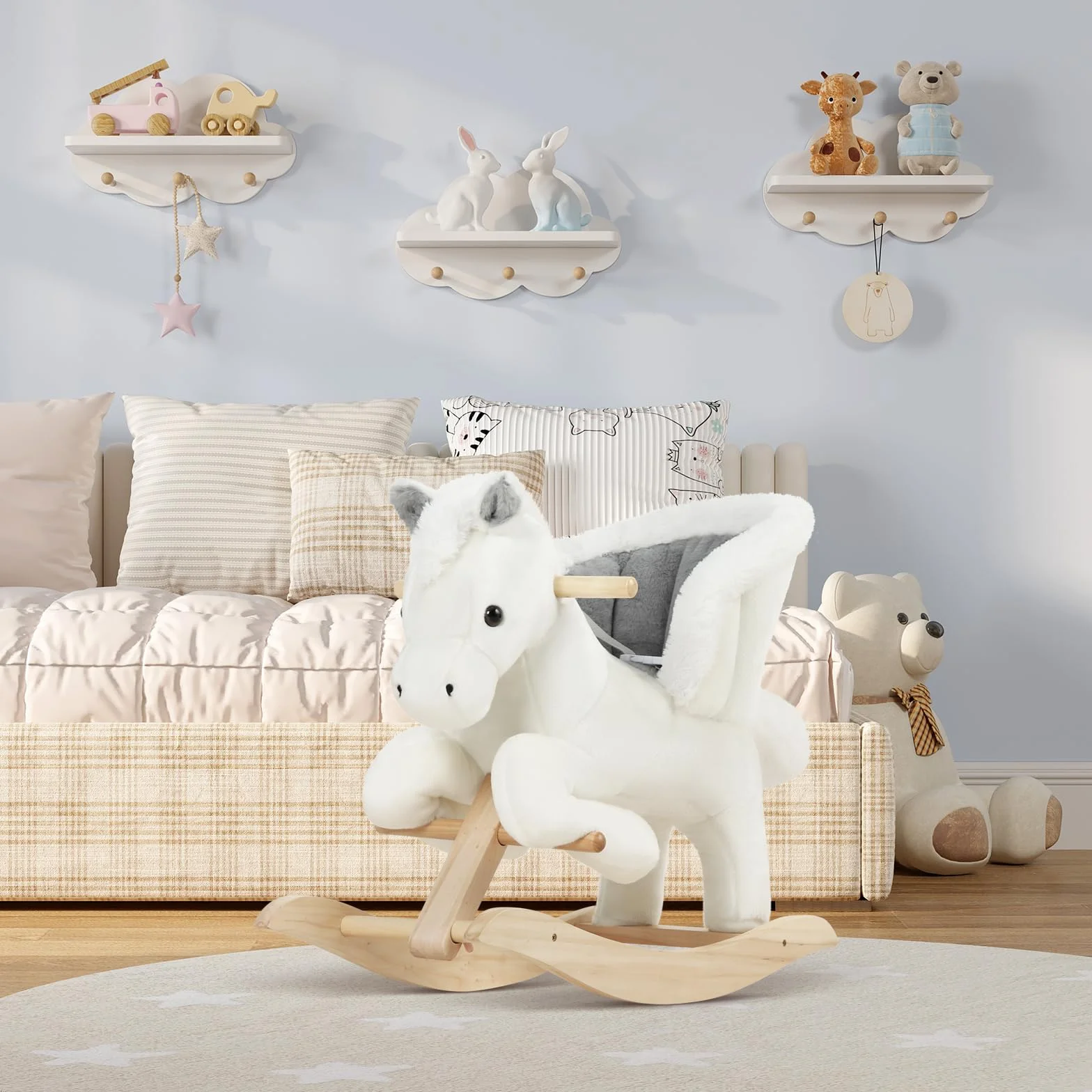 WOLTU Cheval à Bascule en Peluche, Animal à Bascule pour 1-3 Ans, Ceinture de Sécurité Effet Sonore Blanc Gris