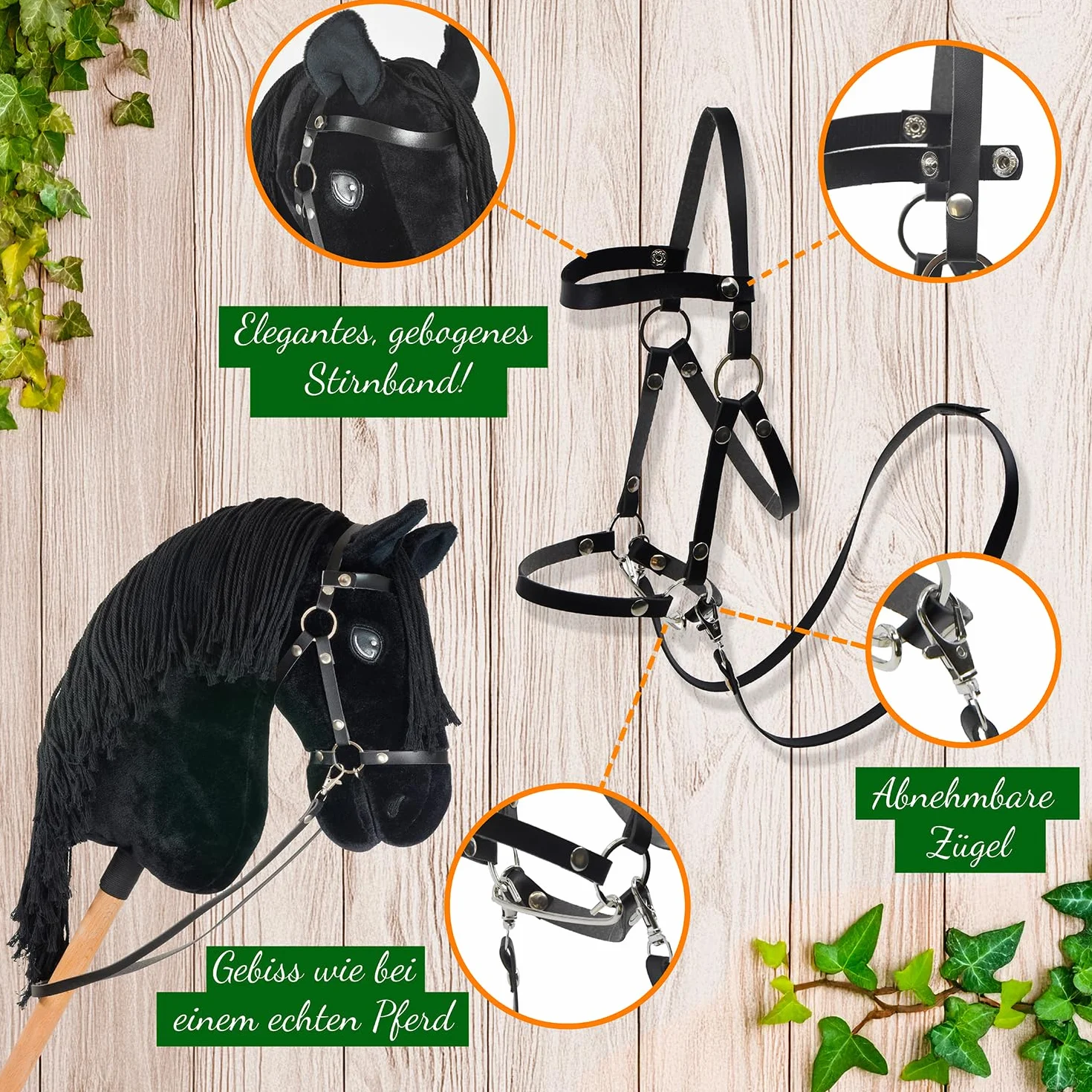 Hobby Horse Frison Noir Cheval bâton Complet avec Filet Mors Rêne Licol Bonnet Anti-Insectes