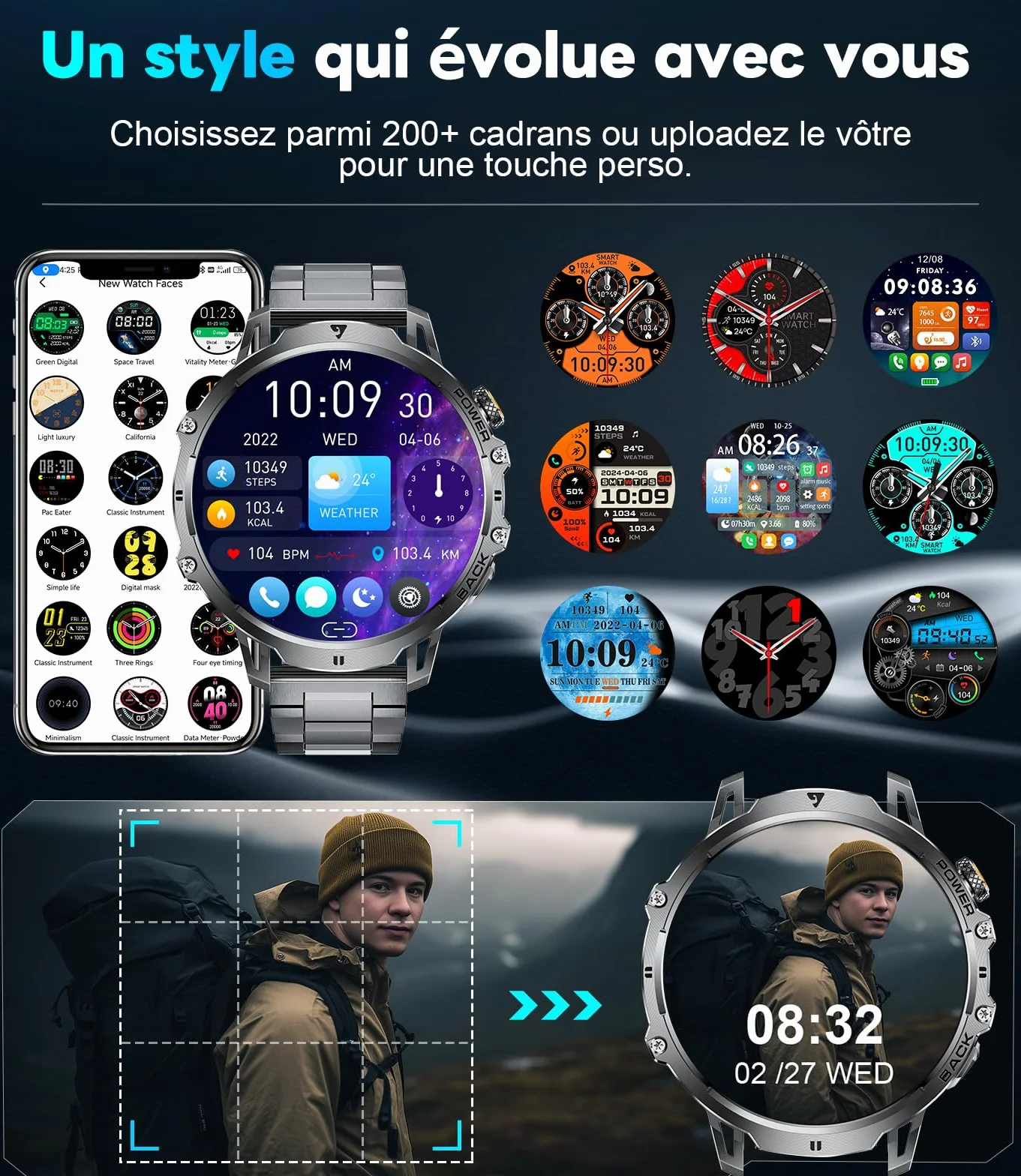 LIGE Montre Connectée Homme 1,85" HD Grand Écran LED Lampe Smartwatch Moniteur Fréquence Cardiaque Sommeil 110+ Modes Sportifs IP68 Étanche Noir