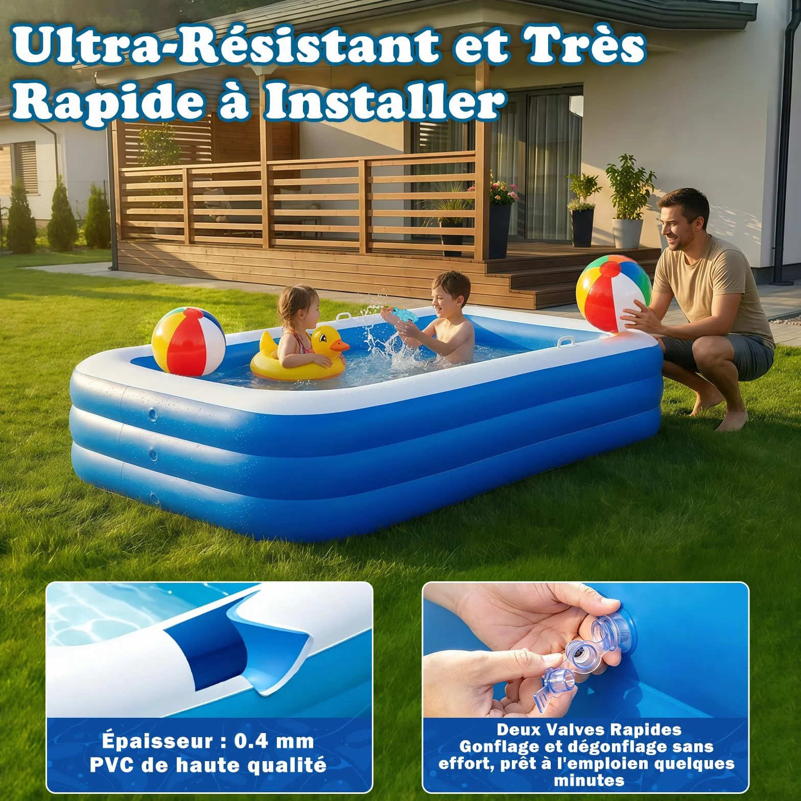Piscine Gonflable Enfants Rectangulaire avec Ballons et Pistolets à Eau, Pataugeoire pour Jardin Extérieur Été (Bleu)