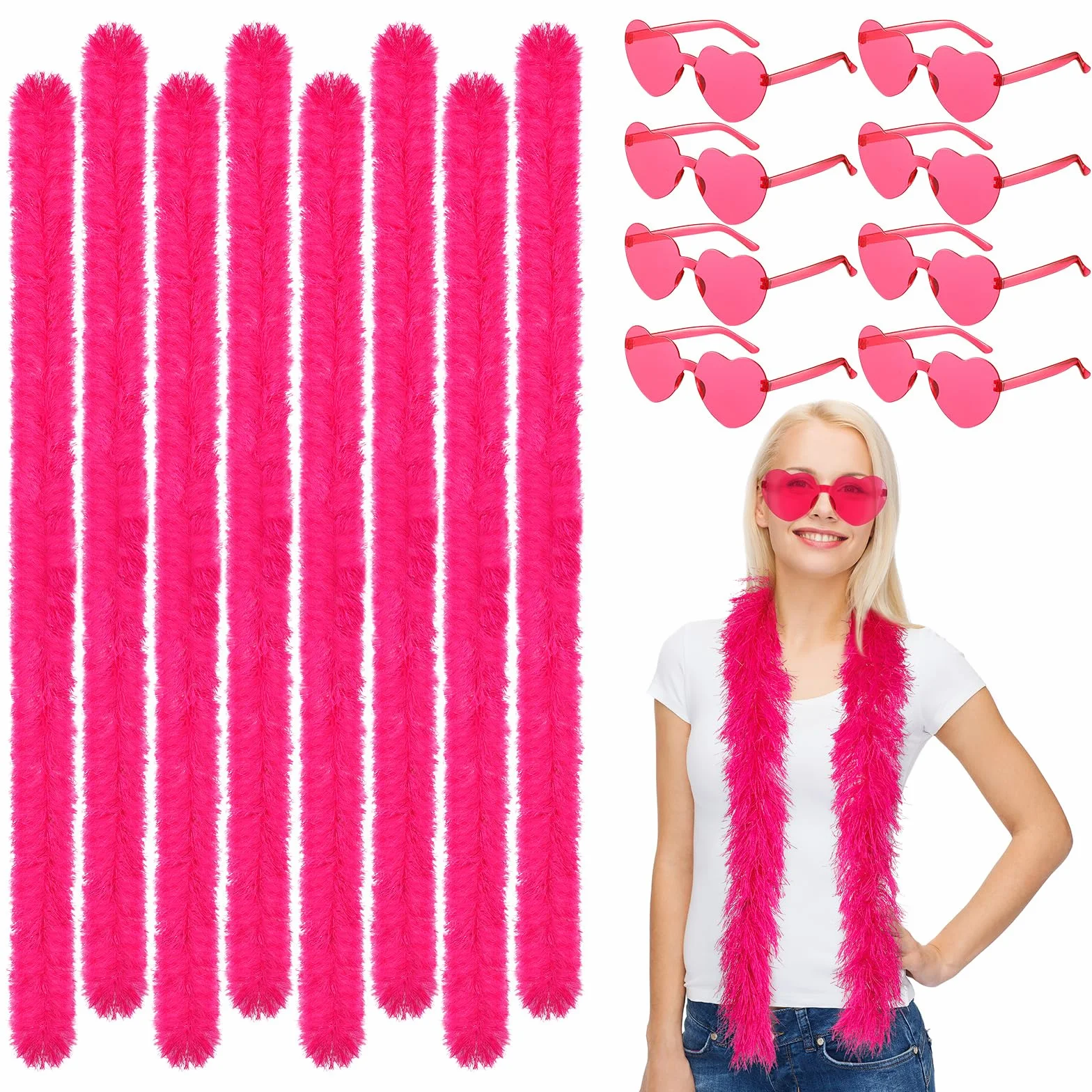 Sinmoe Boas en Plumes et Lunettes de Soleil en Forme de Cœur Ensemble de 16 Pièces pour Fête Mariage