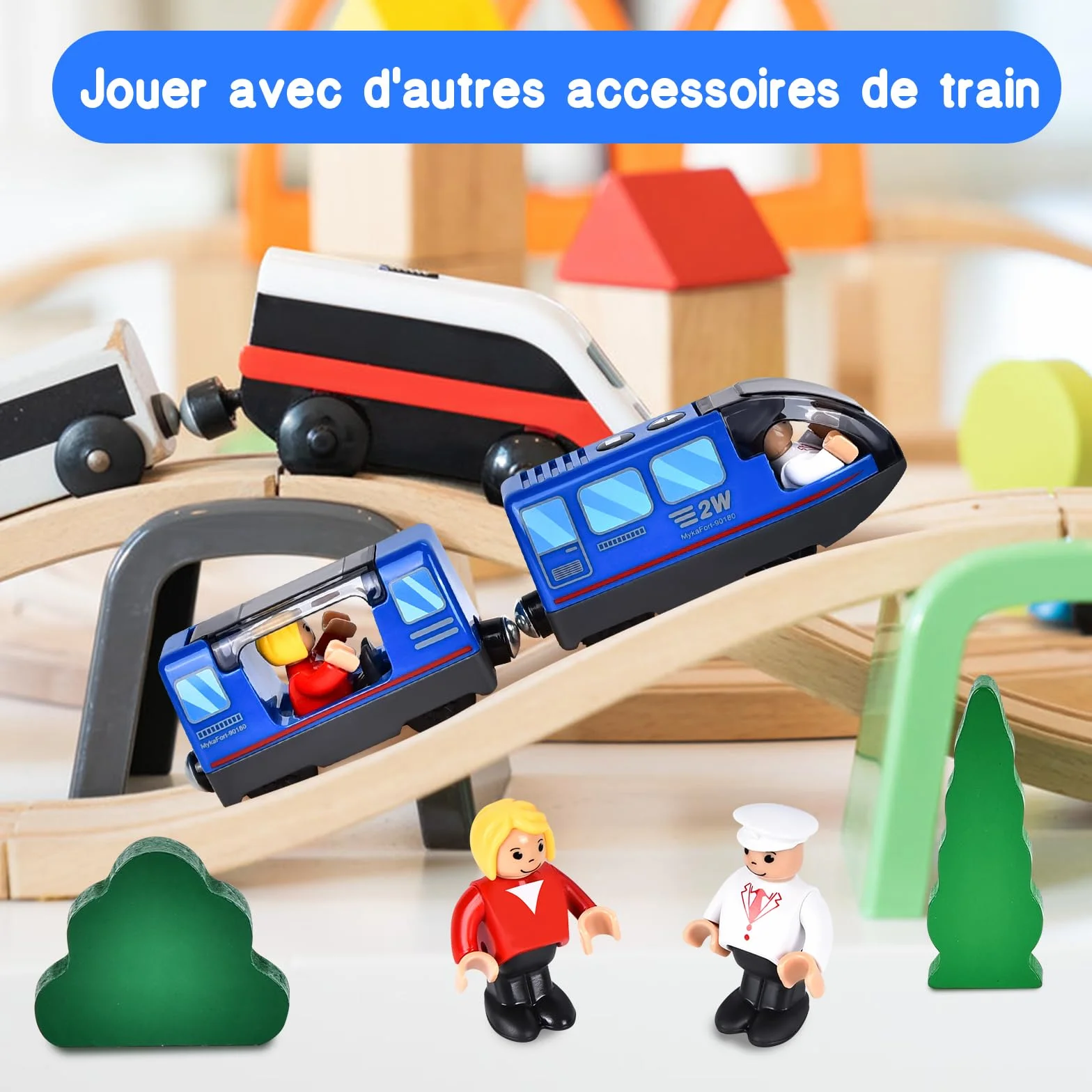JONRRYIN Train ferroviaire électrique à piles pour chemin de fer en bois, jouet de train de locomotive, connexion magnétique pour garçons et filles 3 4+