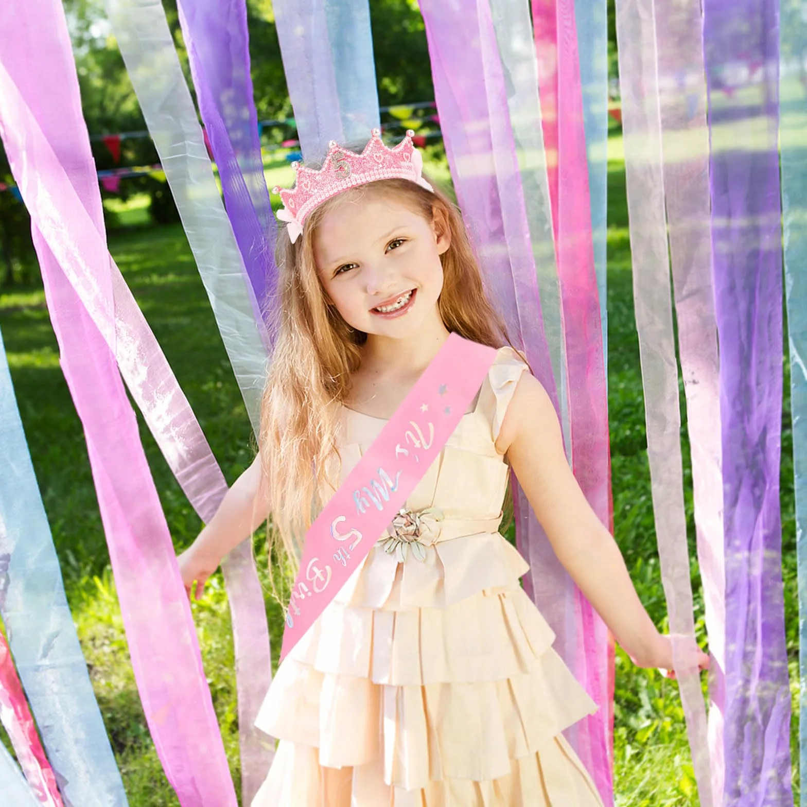 Couronne Anniversaire Fille avec Perles Roses et Écharpe, Ceinture Réglable, Bandeau Princesse
