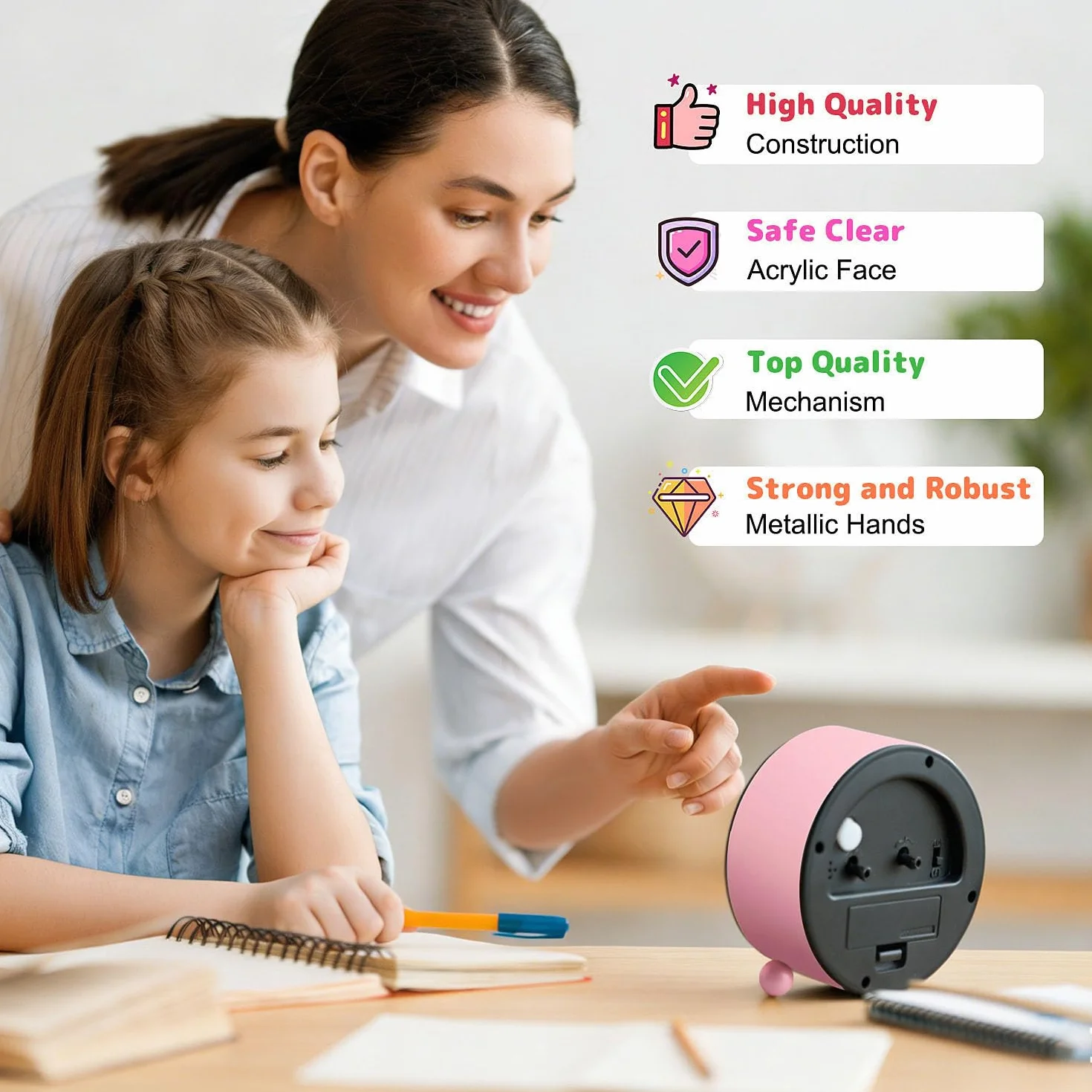 Réveil pour enfants analogique silencieux sans tic-tac horloge d'apprentissage métal facile à lire sonnerie forte