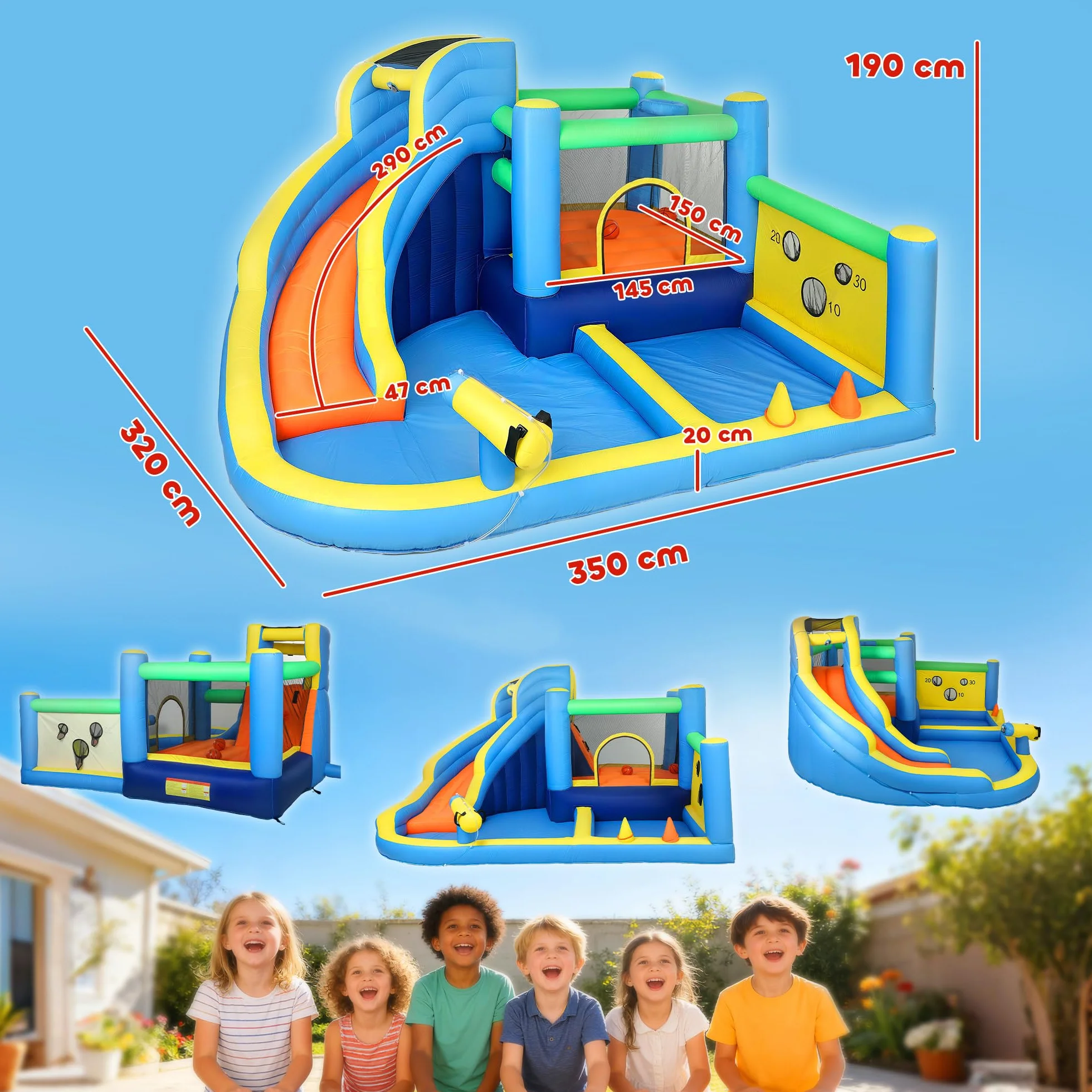 AIYAPLAY Château gonflable 8 en 1 350x320x190cm avec souffleur toboggan trampoline piscine à balles