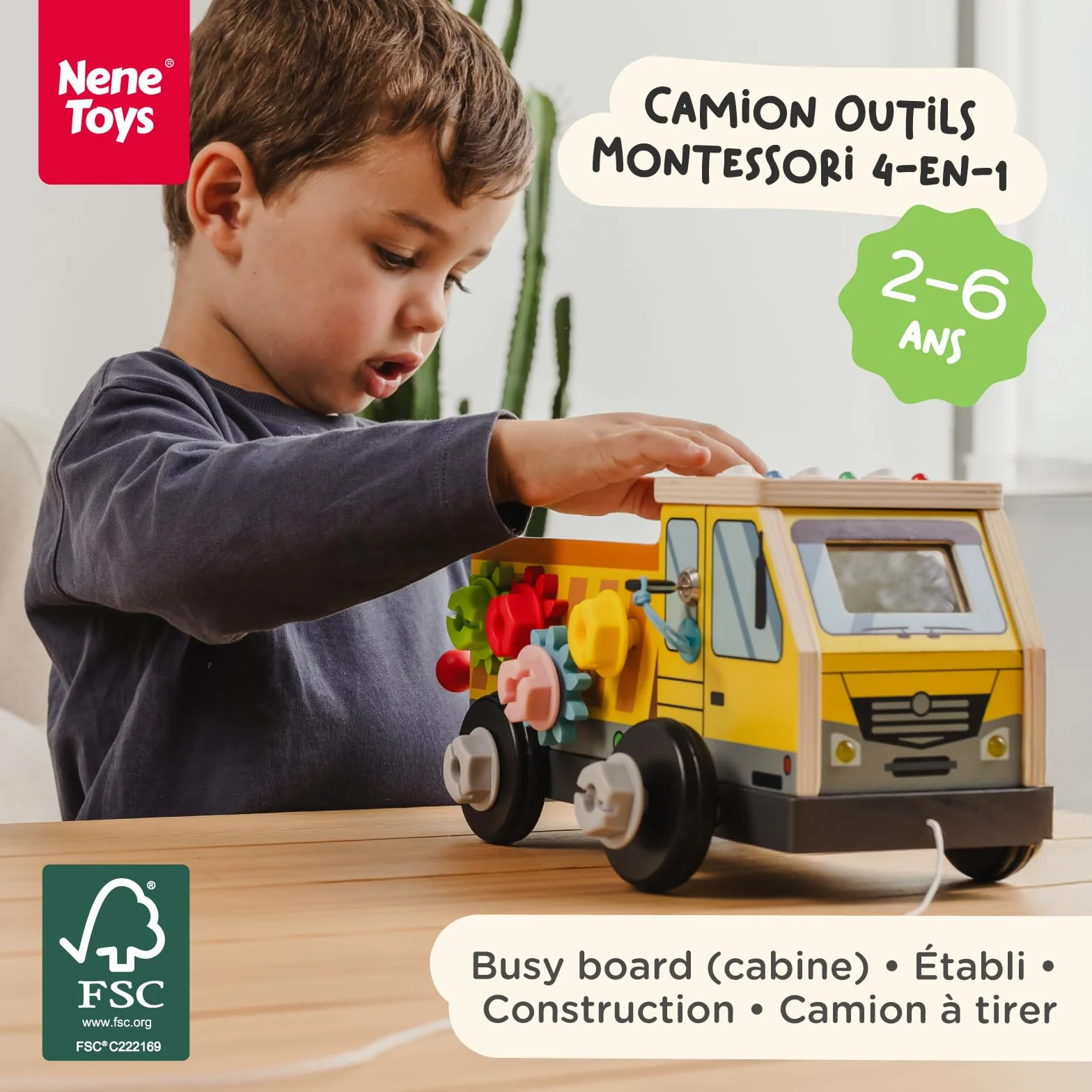 Nene Toys Camion Busy Board Montessori – Tableau d’Activités & Caisse à Outils en Bois FSC® avec 3 Interrupteurs LED, 8 Modes – Jouet à Tirer, Construction, Motricité, 2-6 Ans