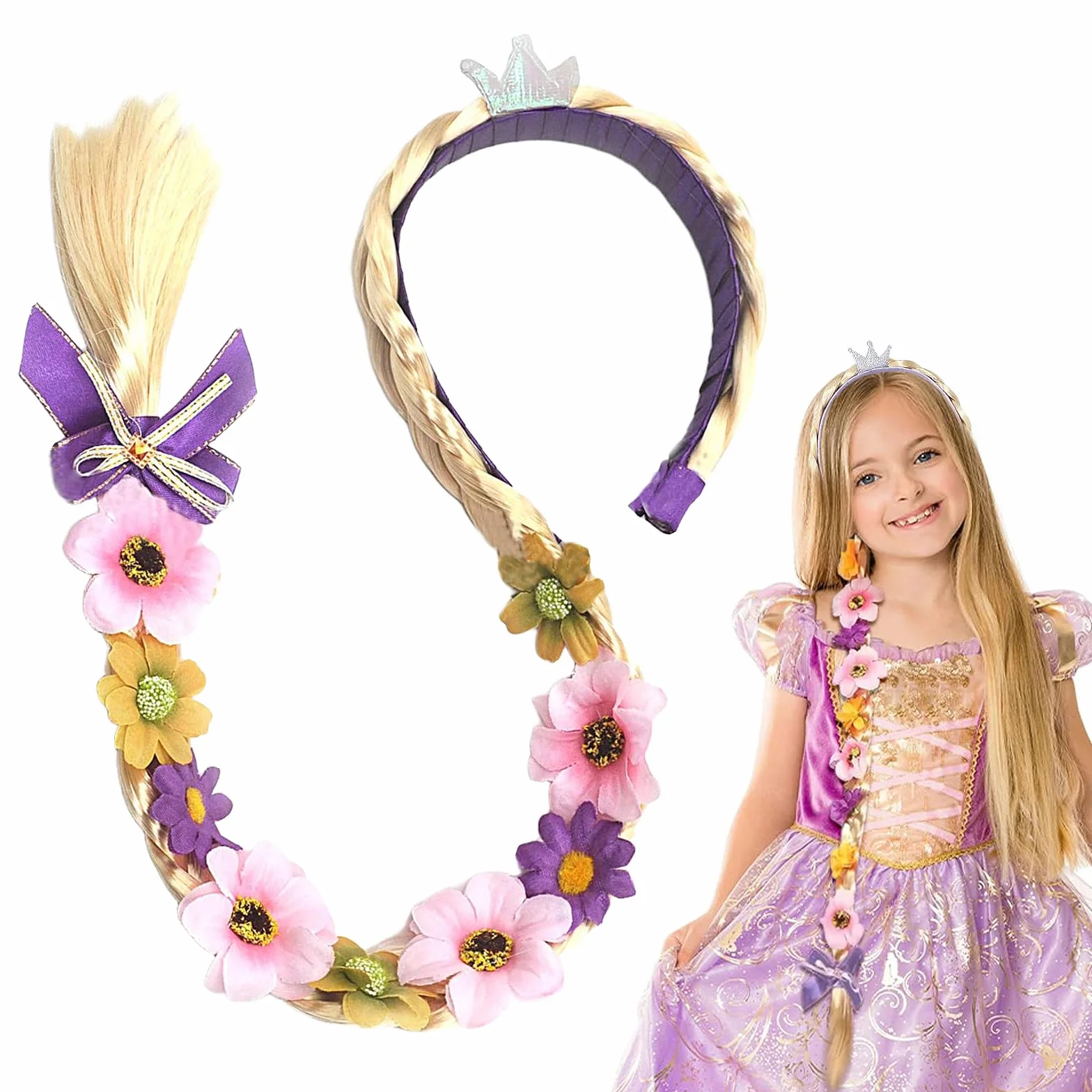 Perruque Tressée Raiponce Enfant Fille Bandeau Princesse Cheveux Extensions pour Carnaval Halloween Fête Cosplay