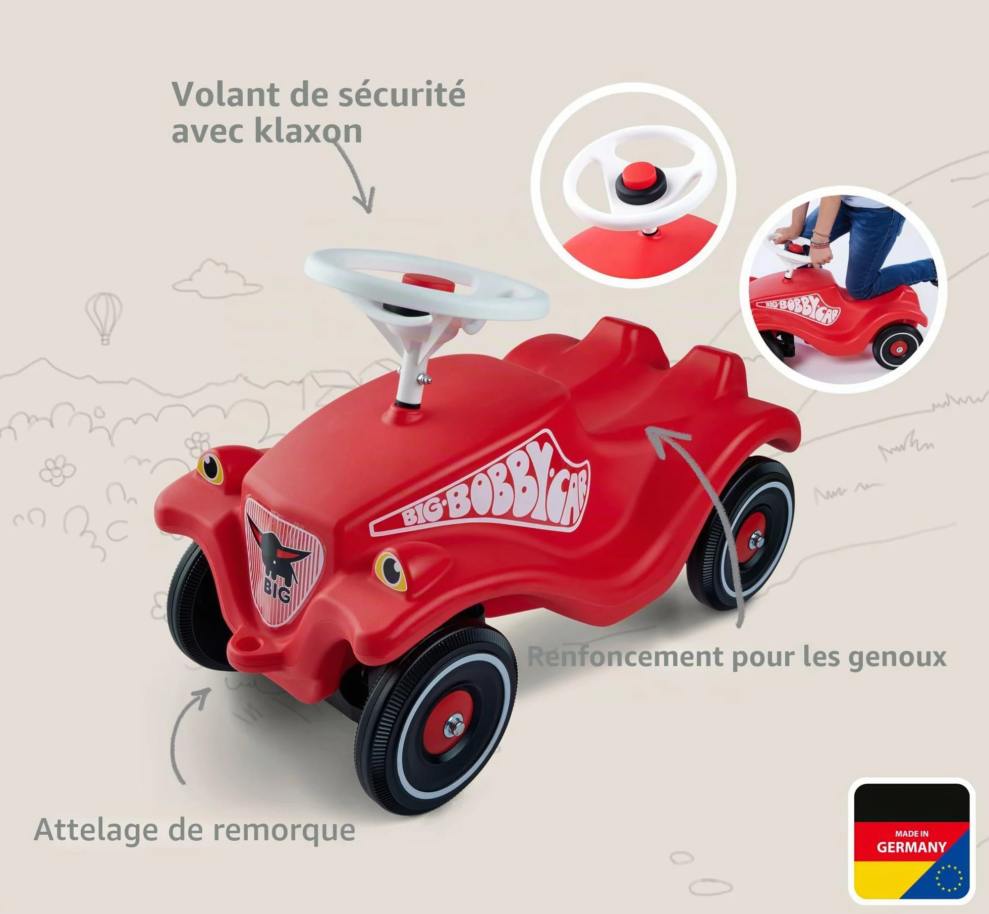 Simba Big Bobby Car Classic Rouge Porteur Enfant Klaxon Dès 12 Mois