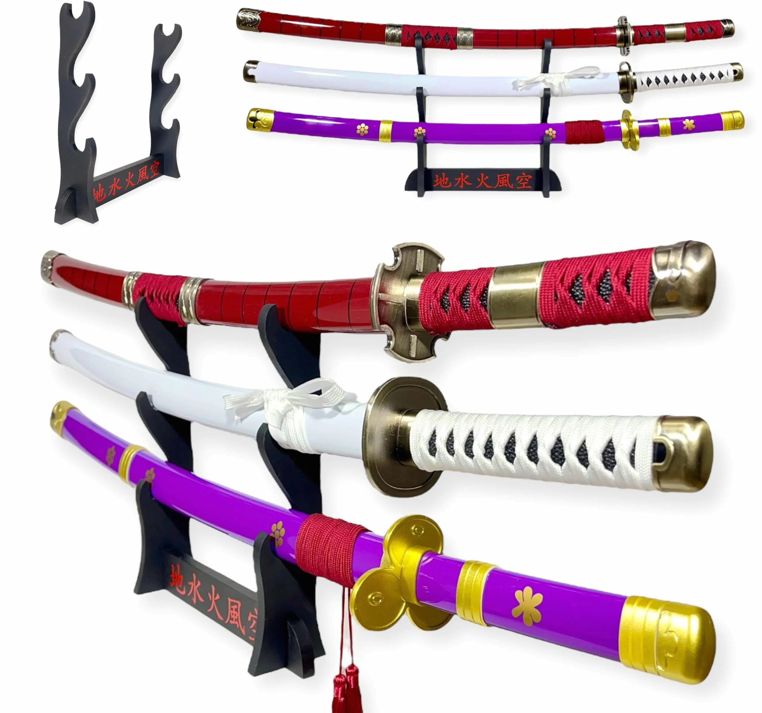 FÉENOMENN Katana One Piece Pack Zoro 3 Epées ENMA WADO ICHIMONJI SANDAI KITETSU Lame Bois Support Japonais
