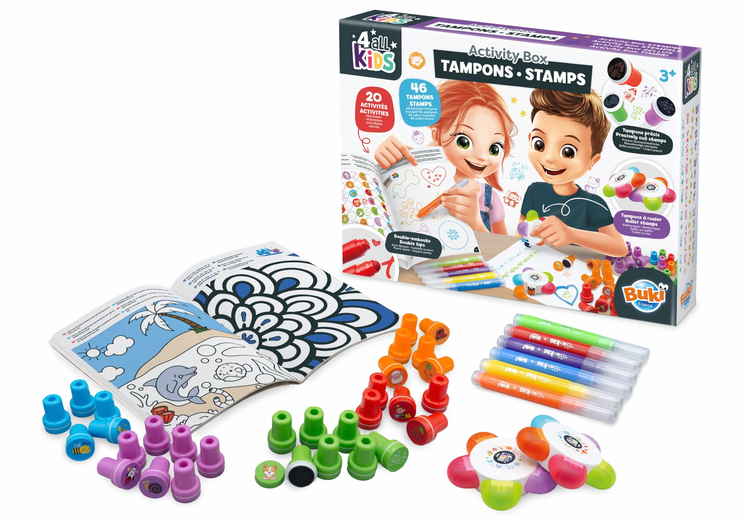Coffret Tampons Enfant +3 Ans 45 Tampons Colorés Animaux Véhicules Frises Livret Activités 20 Pages Feutres Tampons Motricité Créativité