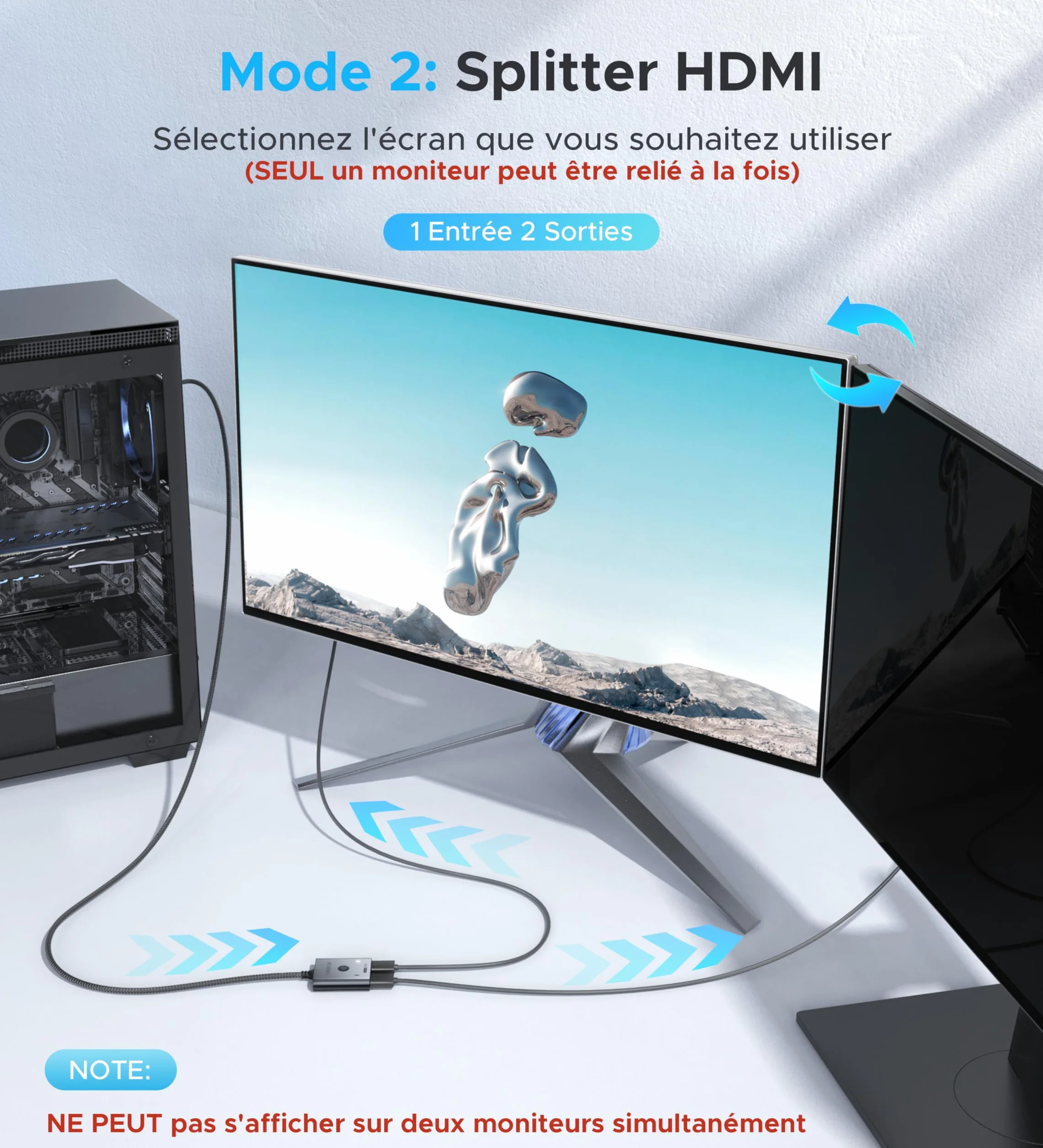WARRKY Commutateur HDMI 4K 60Hz Bidirectionnel 2 Entrées 1 Sortie avec Câble Tressé Fixe 1M Coquille Aluminium