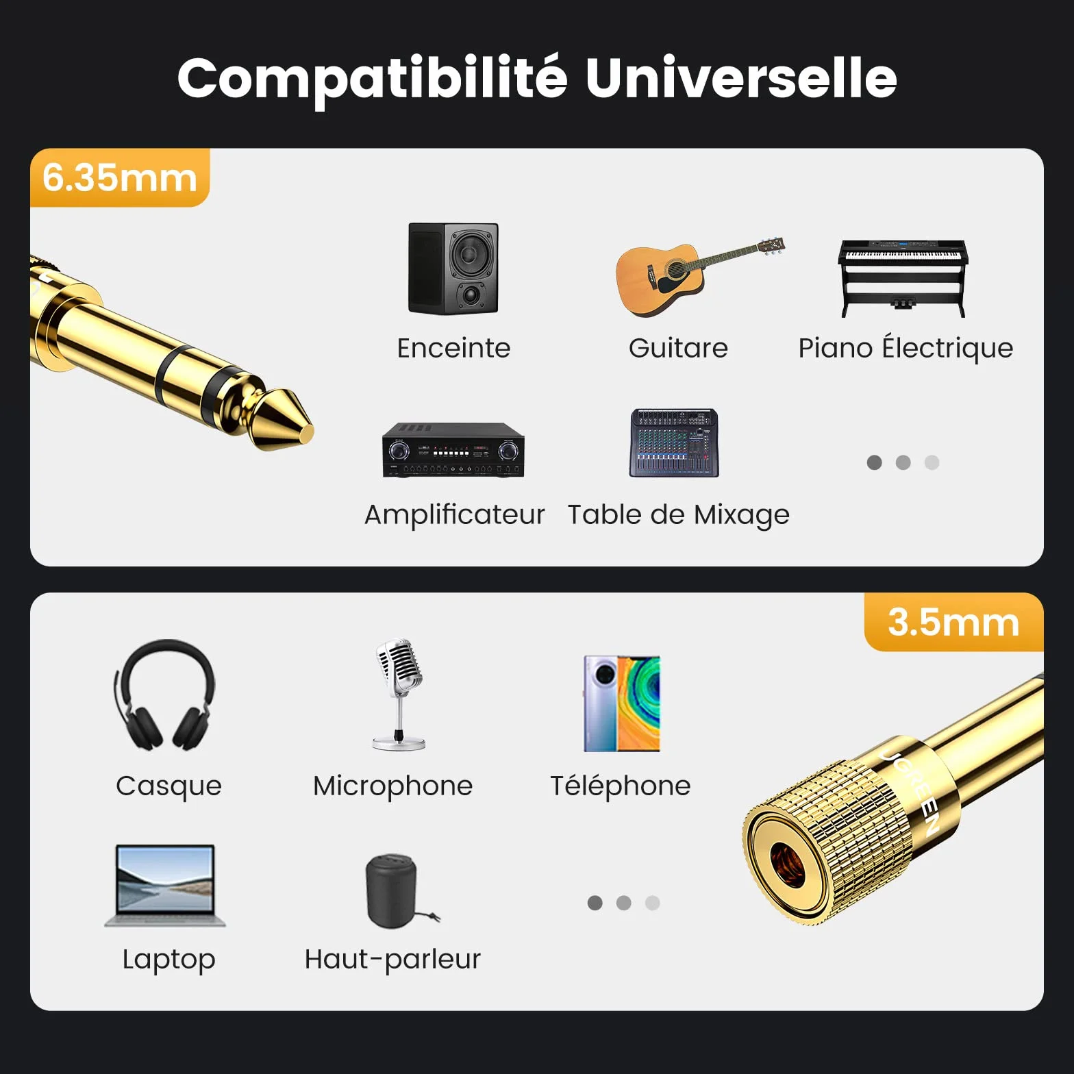UGREEN Lot de 2 Adaptateur Jack 6.35mm Mâle vers 3.5mm Femelle Plaqué Or Audio Stéréo
