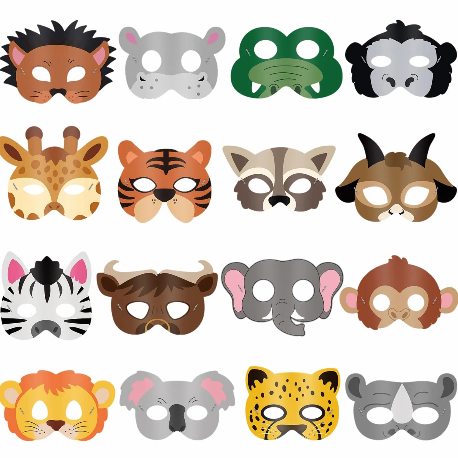 Masque Animaux Enfant 16 Pièces Jungle avec Corde Élastique Anniversaire Halloween Carnaval