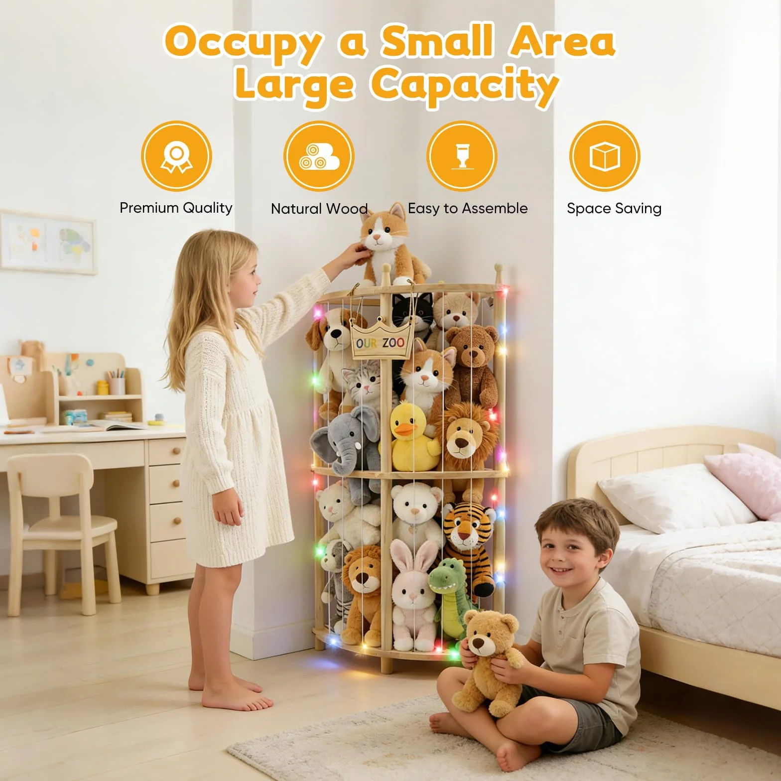OUR ZOO Rangement d'angle pour doudou avec guirlandes lumineuses, double couche, bois, 90 cm, organisateur de jouets