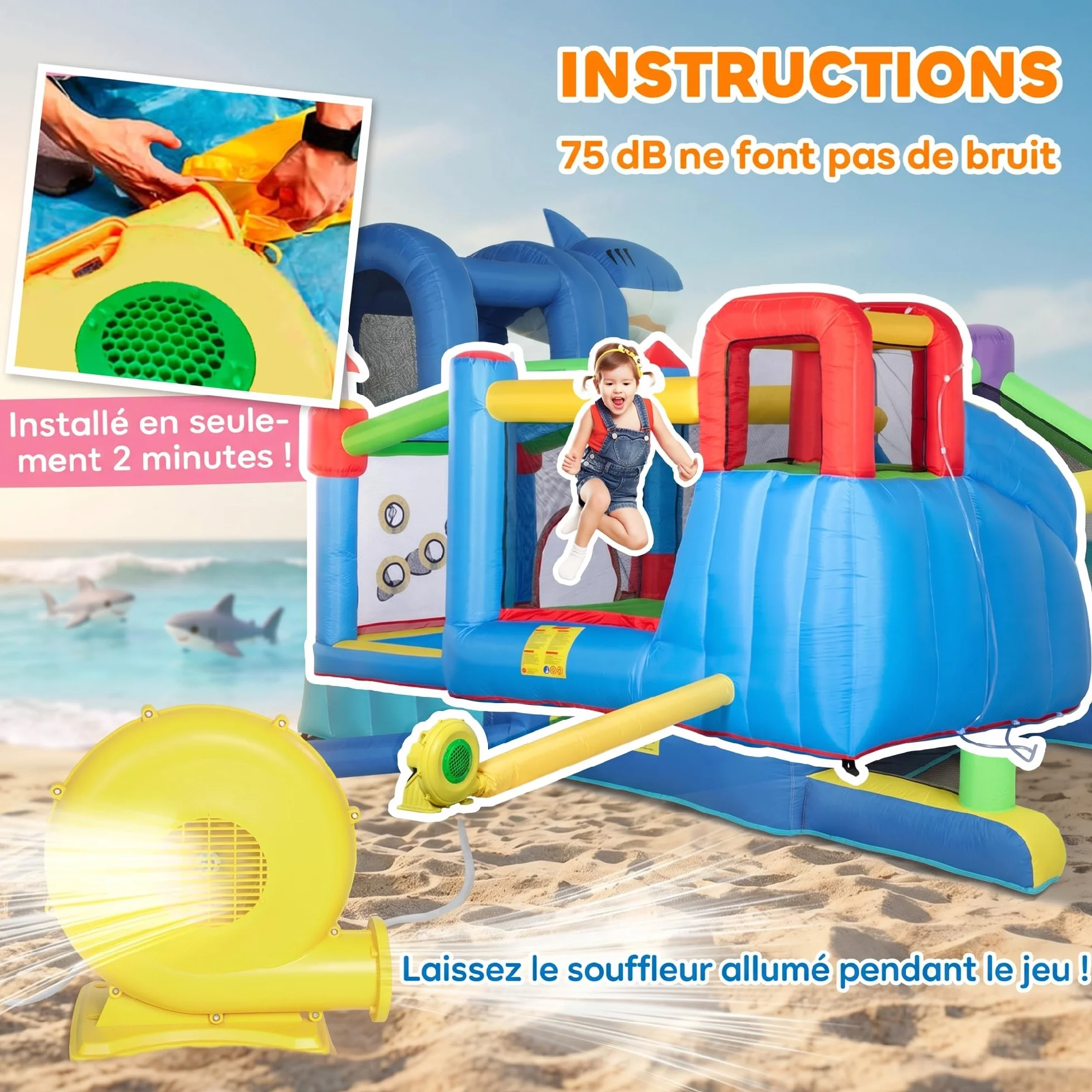 Outsunny Château Gonflable 6 en 1 Aire de Jeux avec Toboggan Trampoline Piscines 390 x 300 x 197 cm Multicolore