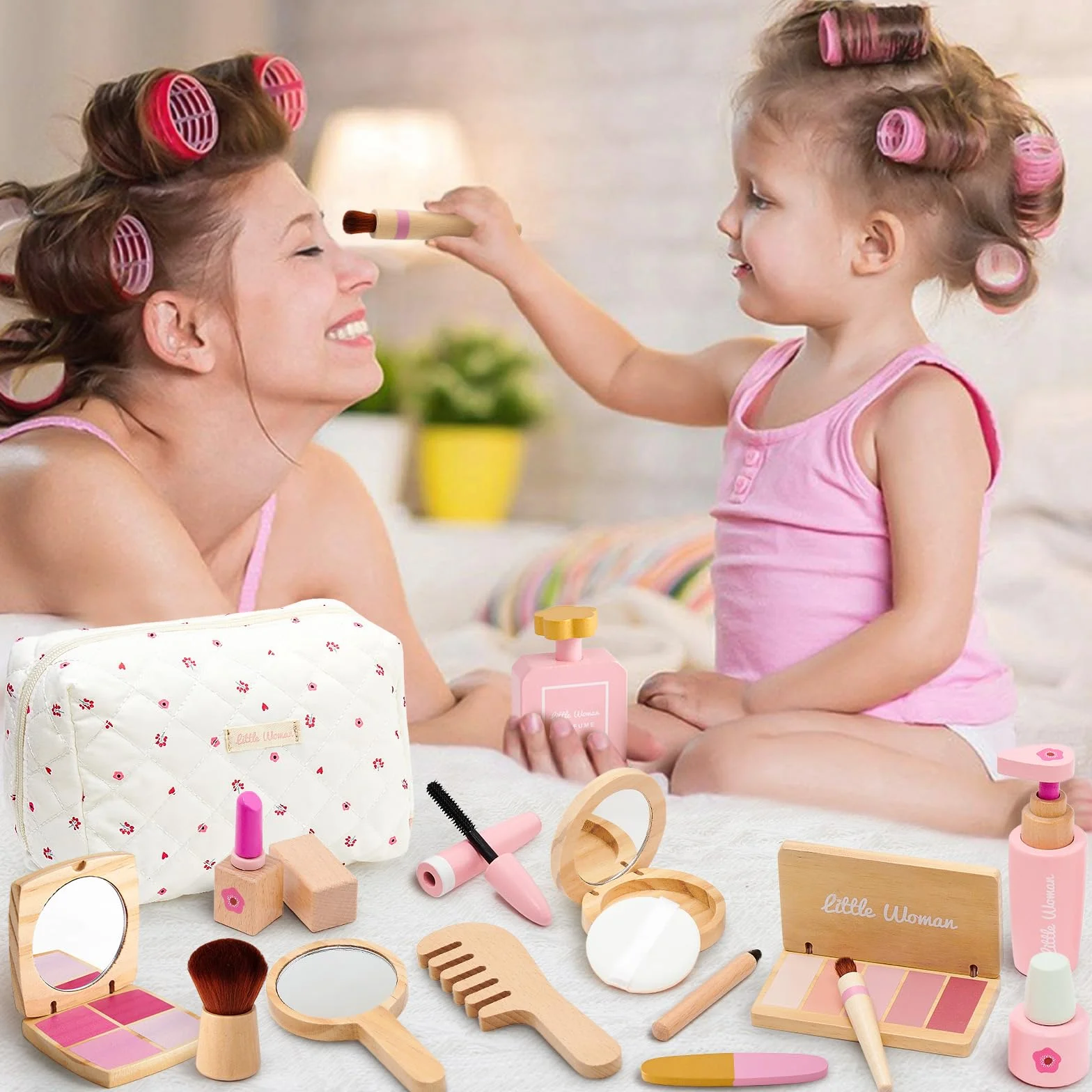 Coffret Maquillage Enfant Fille en Bois Jouet Maquillage Malette Accessoires Jeux Princesse Cadeau 3-8 Ans