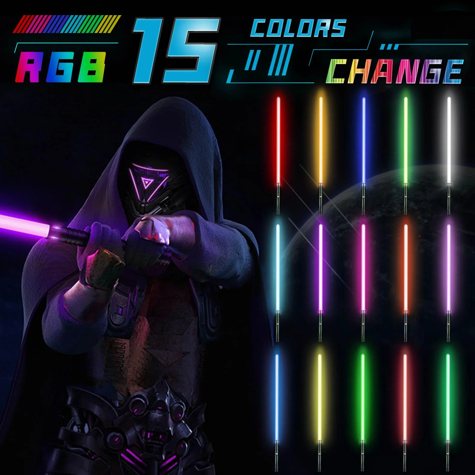 Sabre Laser Enfant 2 en 1 15 Couleurs 4 Modes Sons USB-C Noir