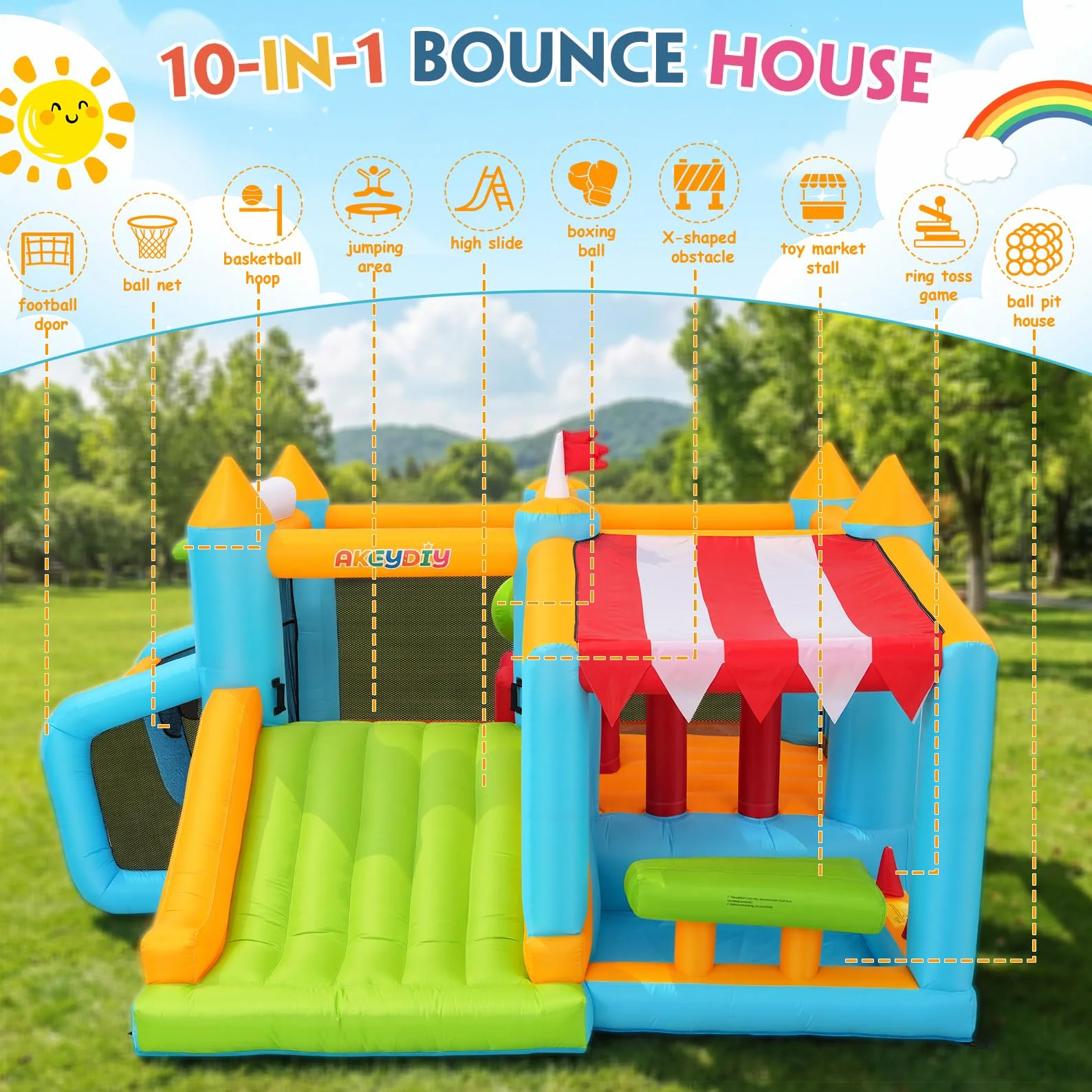 Château Gonflable pour Enfants 3-12 Ans Intérieur Extérieur avec Parcours Obstacles Stand Marché Jouets Parc Tir Football Piscine Balles Ventilateur