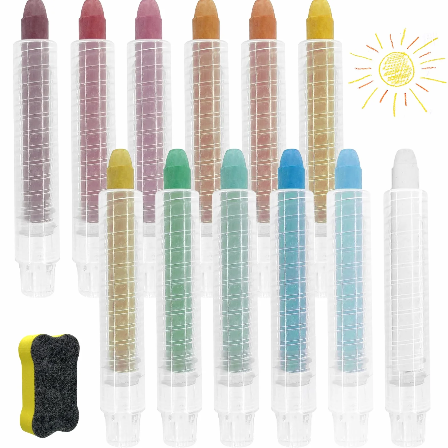 Sheryl&Rain Craies Extérieures Enfant Sans Poussière, 12 Pièces avec Porte Craie Rétractile, Hydrosoluble Non Toxiques