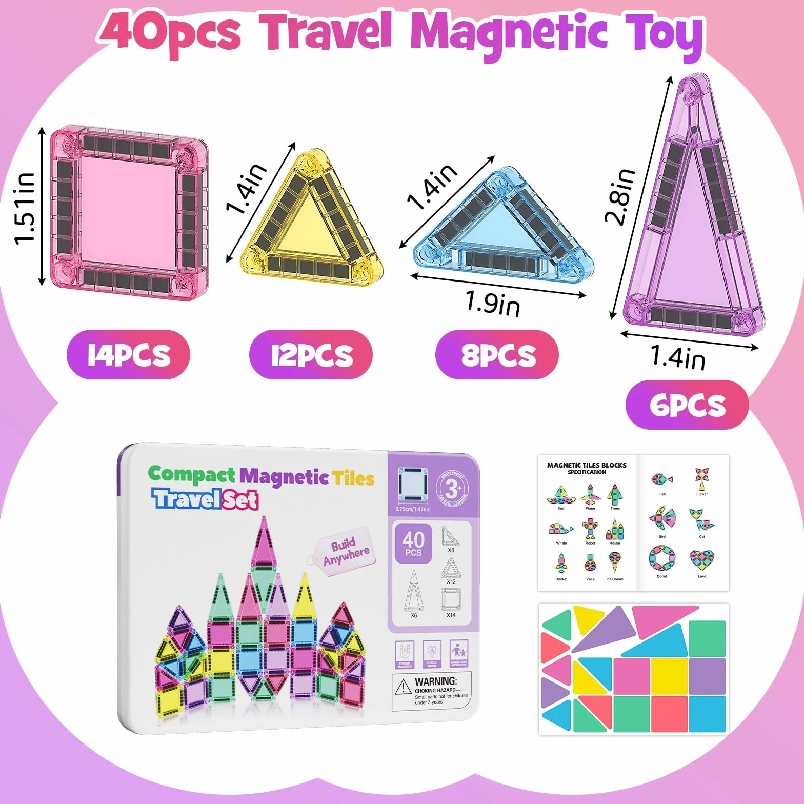 Blocs Magnétiques de Voyage 40 Pièces - Mini Tuiles Magnétiques Jouets STEM Montessori pour Enfants 3 Ans et Plus