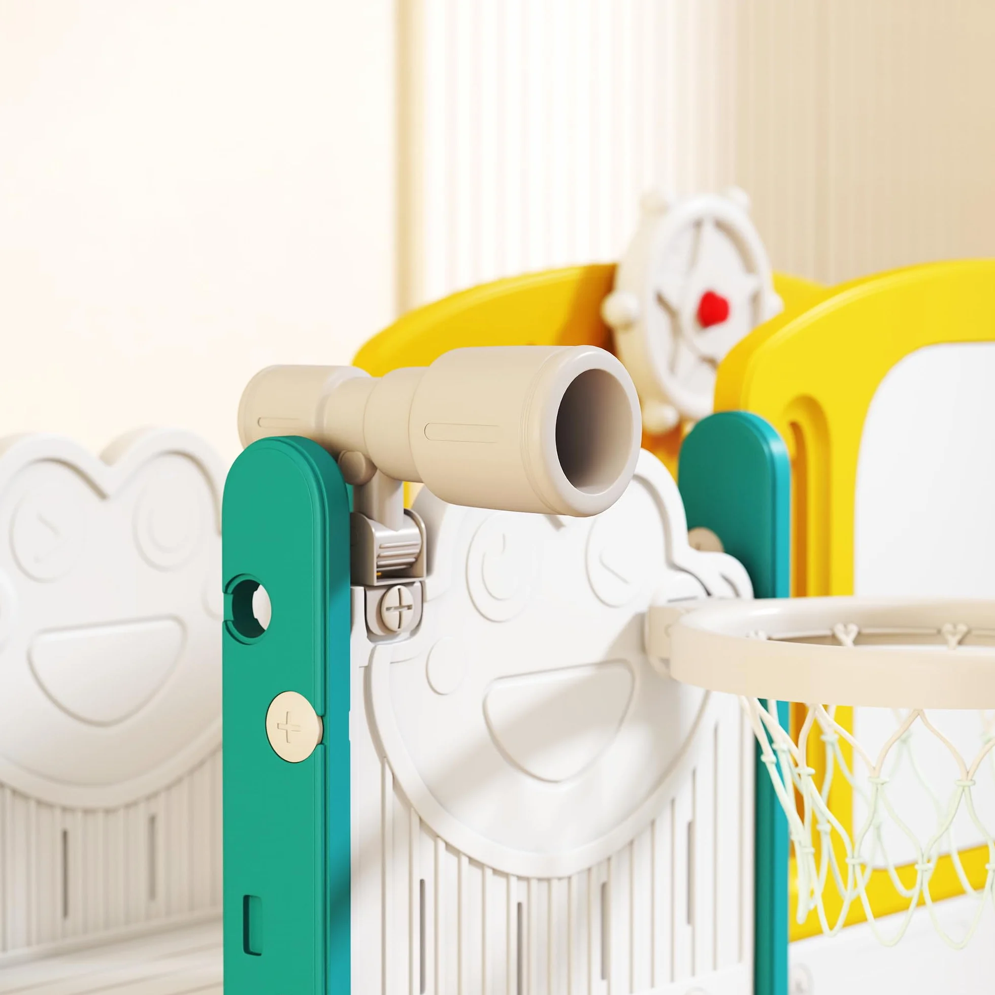 AIYAPLAY Toboggan 7 en 1 pour Enfant avec Panier de Basket, Tunnel, Escalade, Aire de Jeux intérieur et extérieur 1-3 Ans Jaune