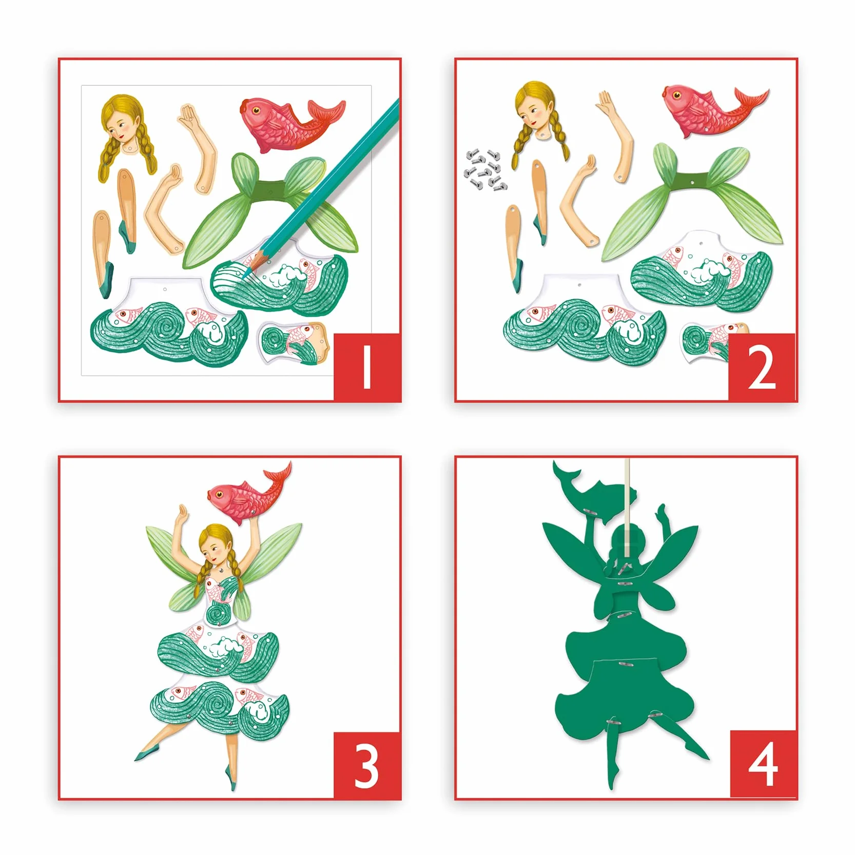 Djeco Set Créatif Fées Articulées à Colorier 5-8 Ans Coloriage Assemblage 6 Planches Pantins Fées Attaches Metal Stickers H19cm