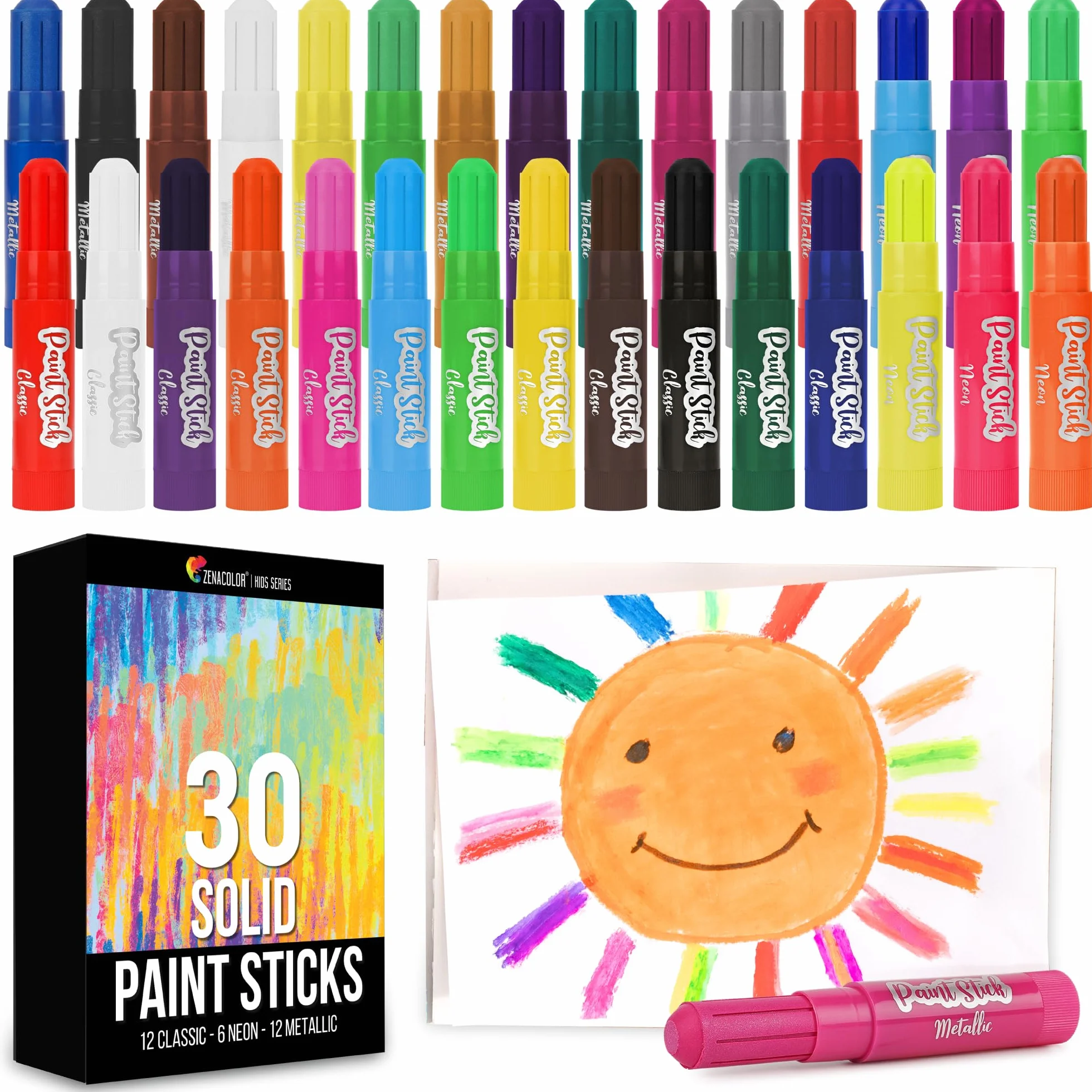 Zenacolor Lot de 30 bâtons de peinture pour enfants - Fournitures d'art sans désordre