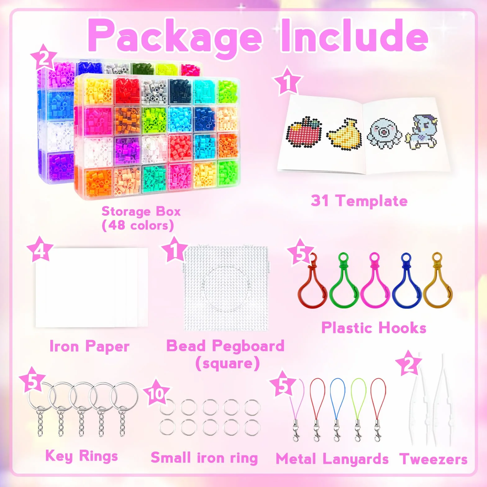 Perles à Repasser 5mm 48 Couleurs avec 2 Boîtes de Rangement et Accessoires DIY Bijoux