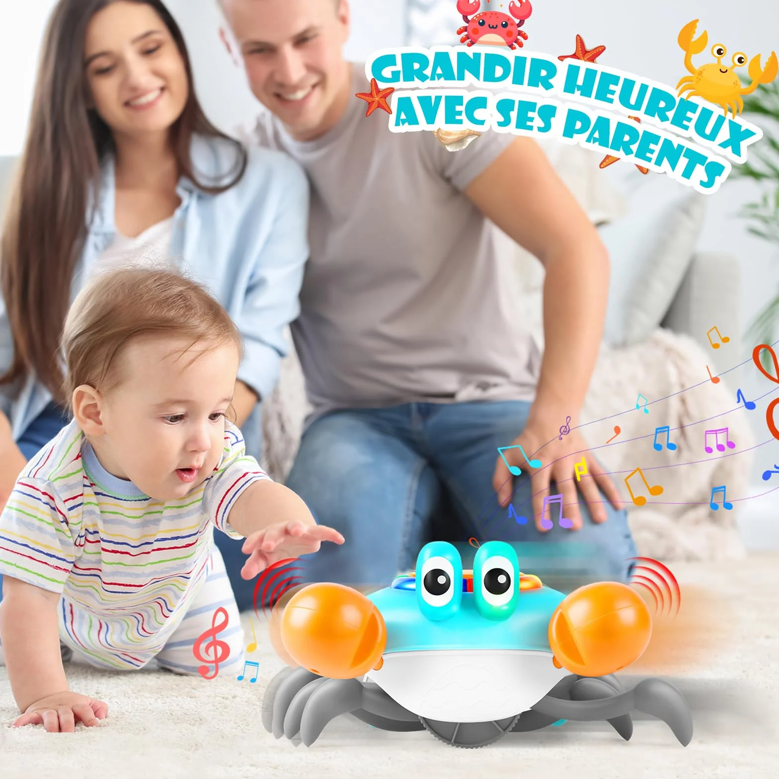 Jouet crabe électronique pour bébé avec musique et évitement des obstacles, cadeau pour enfants 3-7 ans
