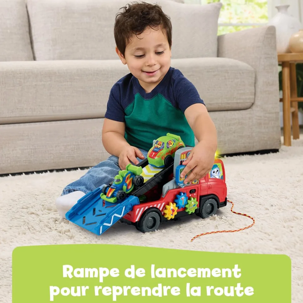VTech Super Camion Dépannage Interactif Jouet à Tirer 3 en 1 Camion Transporteur de Voitures Dépanneuse Enfant