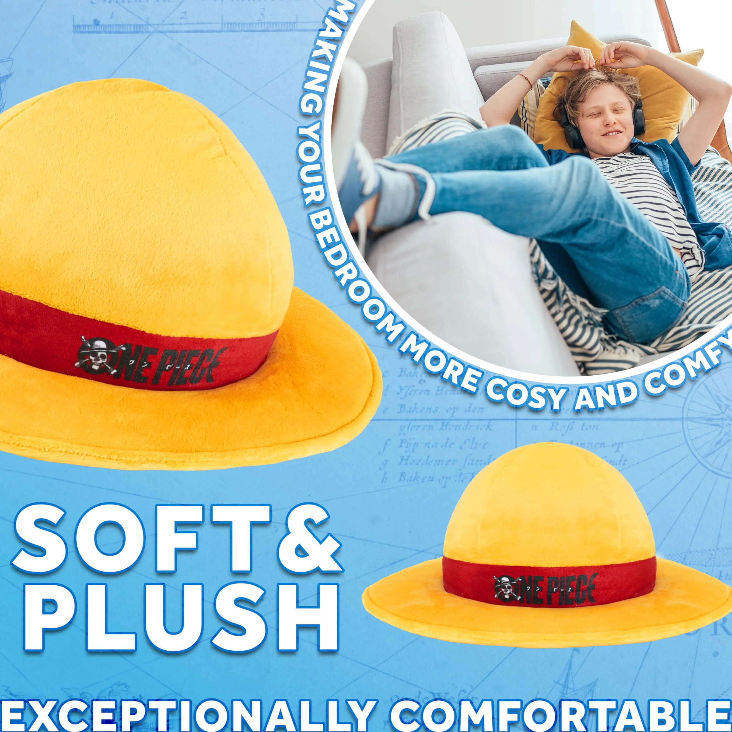 One Piece Coussin 3D Enfant Ado Adulte Oreiller Peluche Manga Doux L35 x W35 Jaune