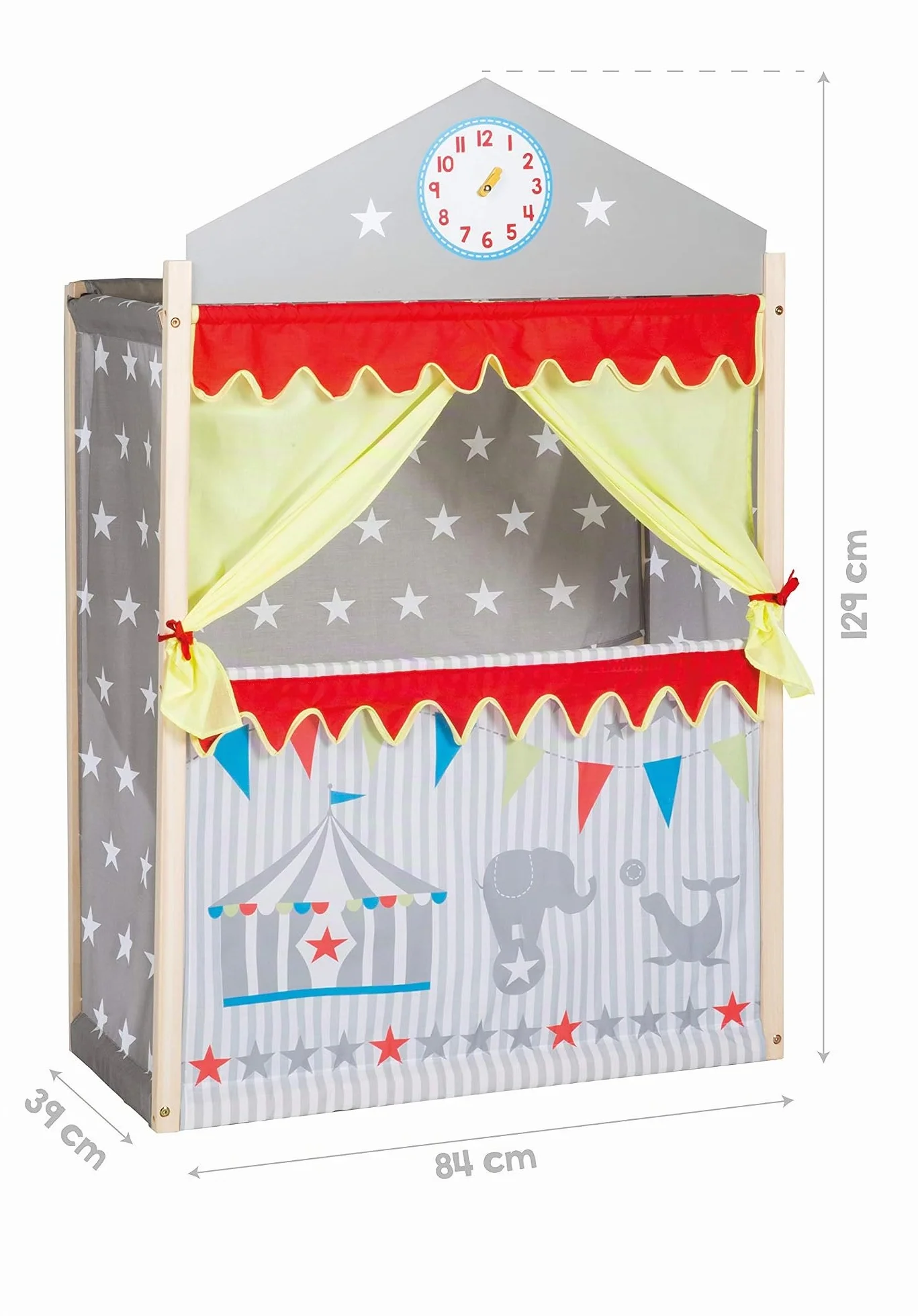 roba Théâtre de Marionnettes pour Enfant en Bois et Tissu Étoilé Gris - Monté sur Pied - 84 x 39 x 129 cm - avec Horloge à Aiguilles Mobiles - dès 3 Ans - Multicolore