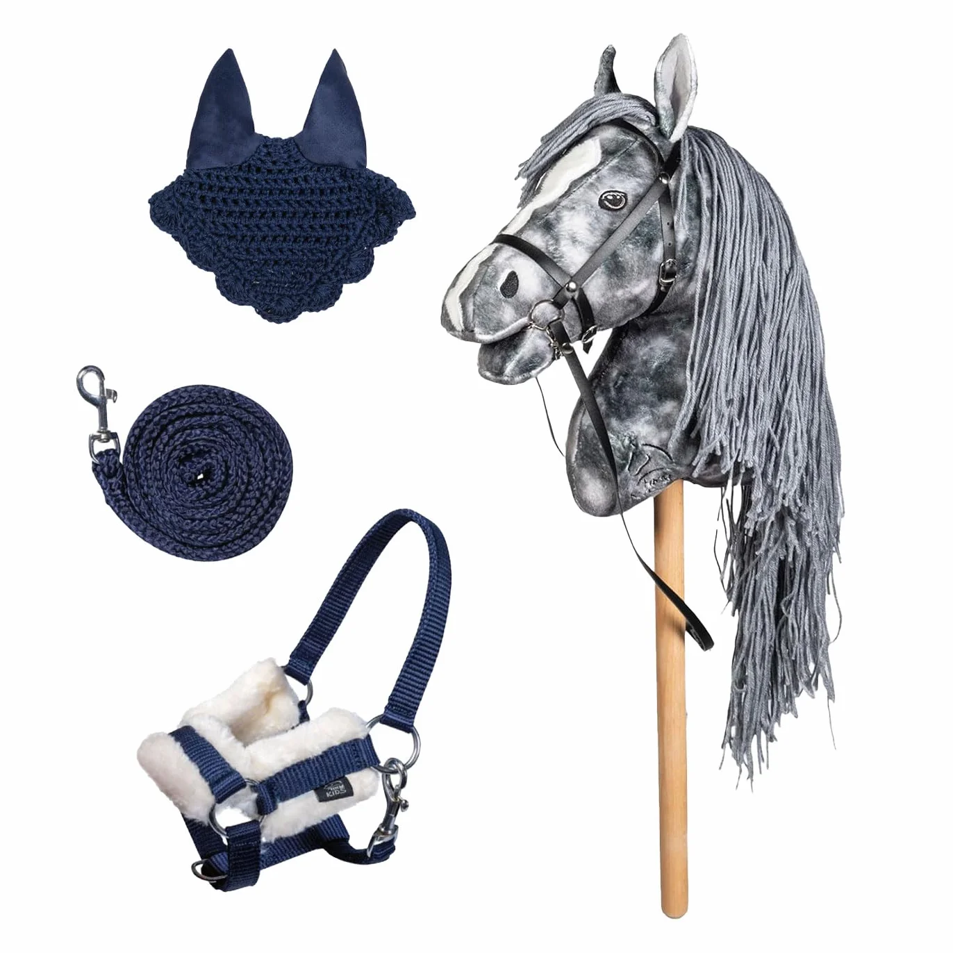 HKM HC Hobby Horse Clara Ensemble cheval gris marbré avec bonnet anti-mouches et licol tricot