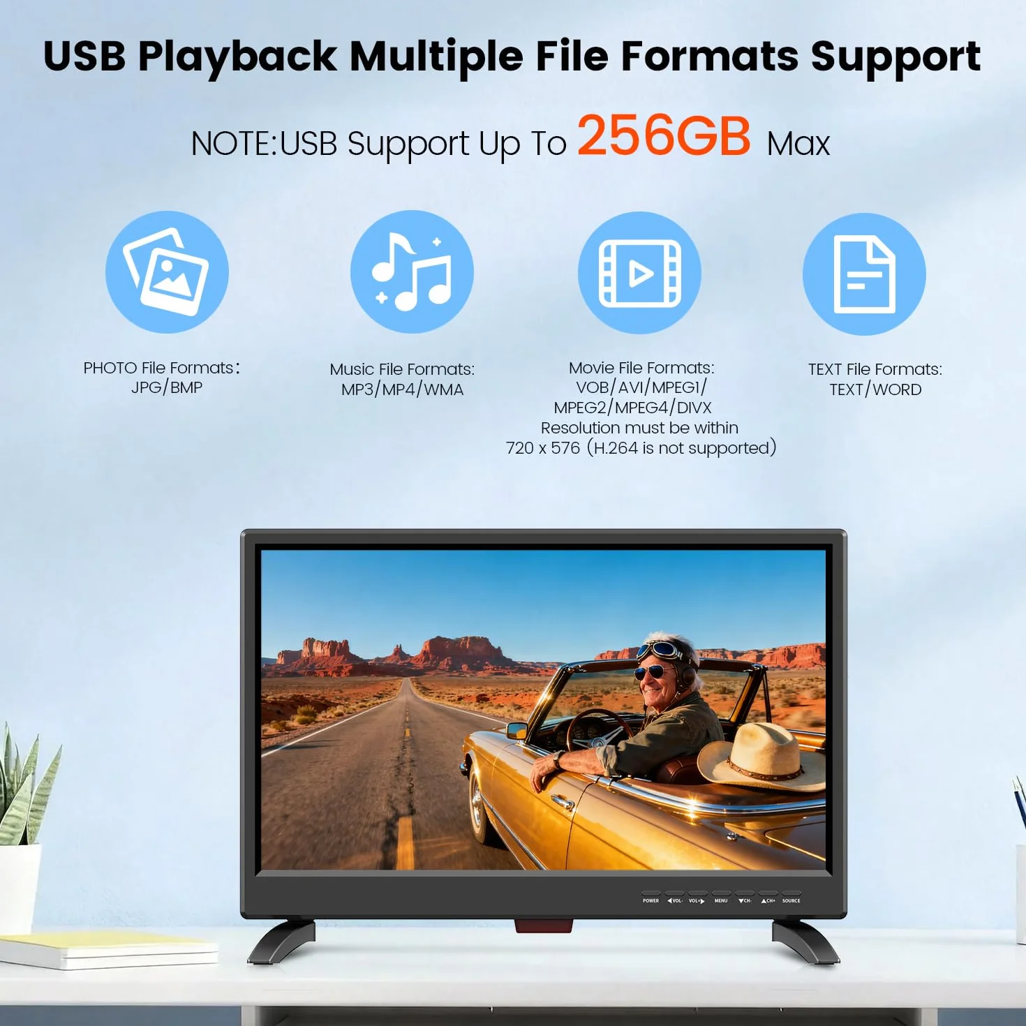 TV 19 Pouces 45cm Full HD 1080P LED Récepteur Numérique T2 H.256 DTT Freeview 12V HDMI USB RCA VGA