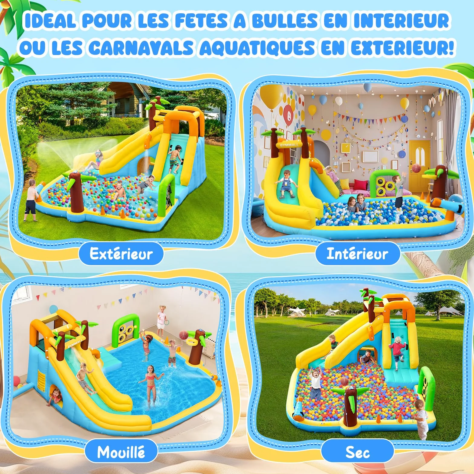 Château Gonflable à Eau 450W 10-en-1 Toboggan Aquatique pour Enfants avec Piscine et Glissade