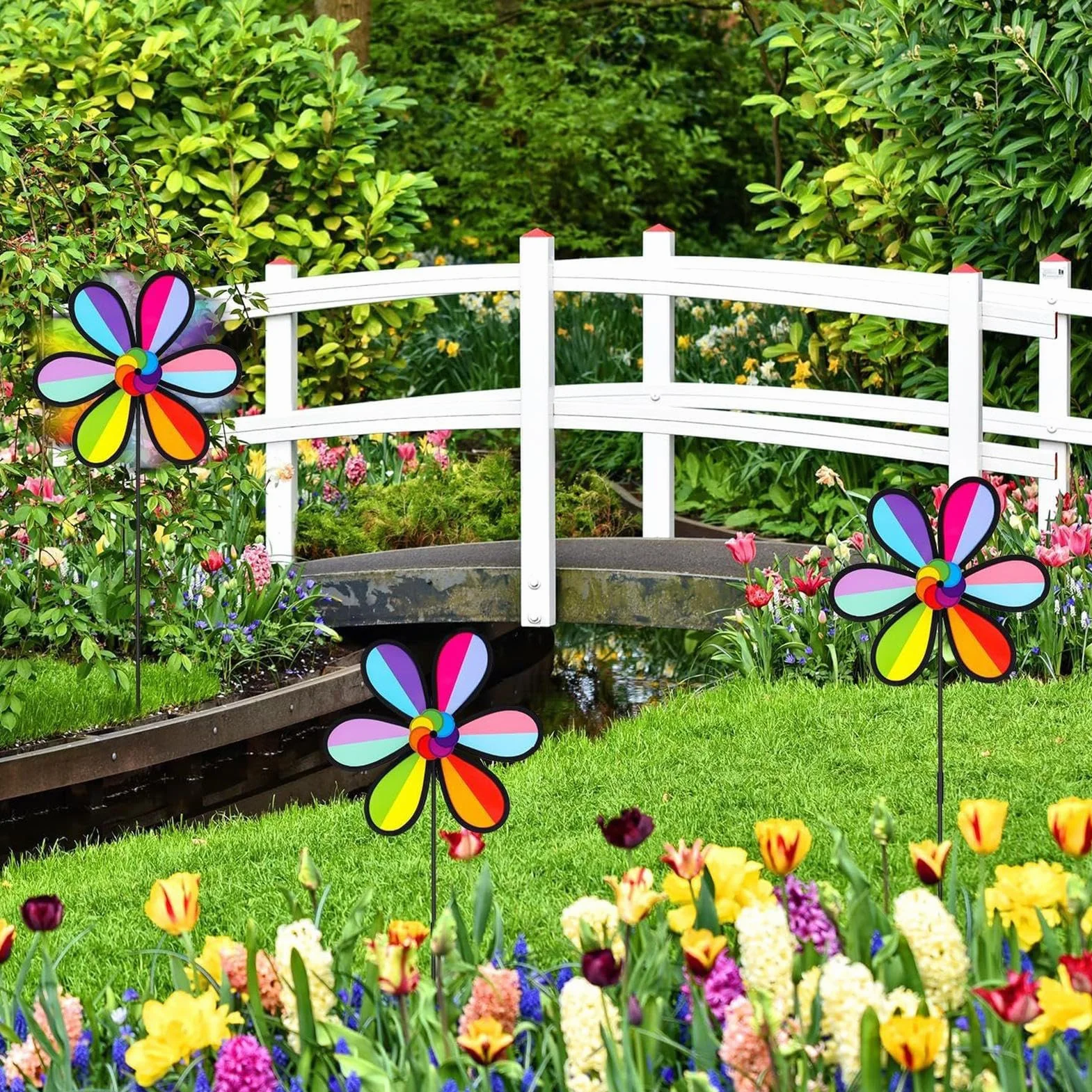 Lot de 4 moulins à vent d'extérieur en forme de pétale – Résistants aux intempéries, décoration jardin patio terrasse