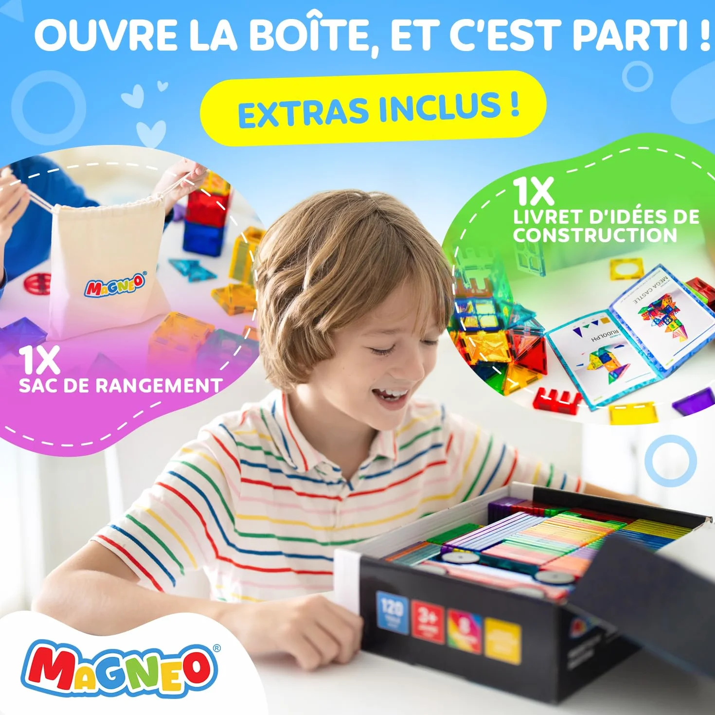 Blocs Magnétiques 120 Pièces avec 2 Voitures Jeu de Construction Enfant 3 Ans