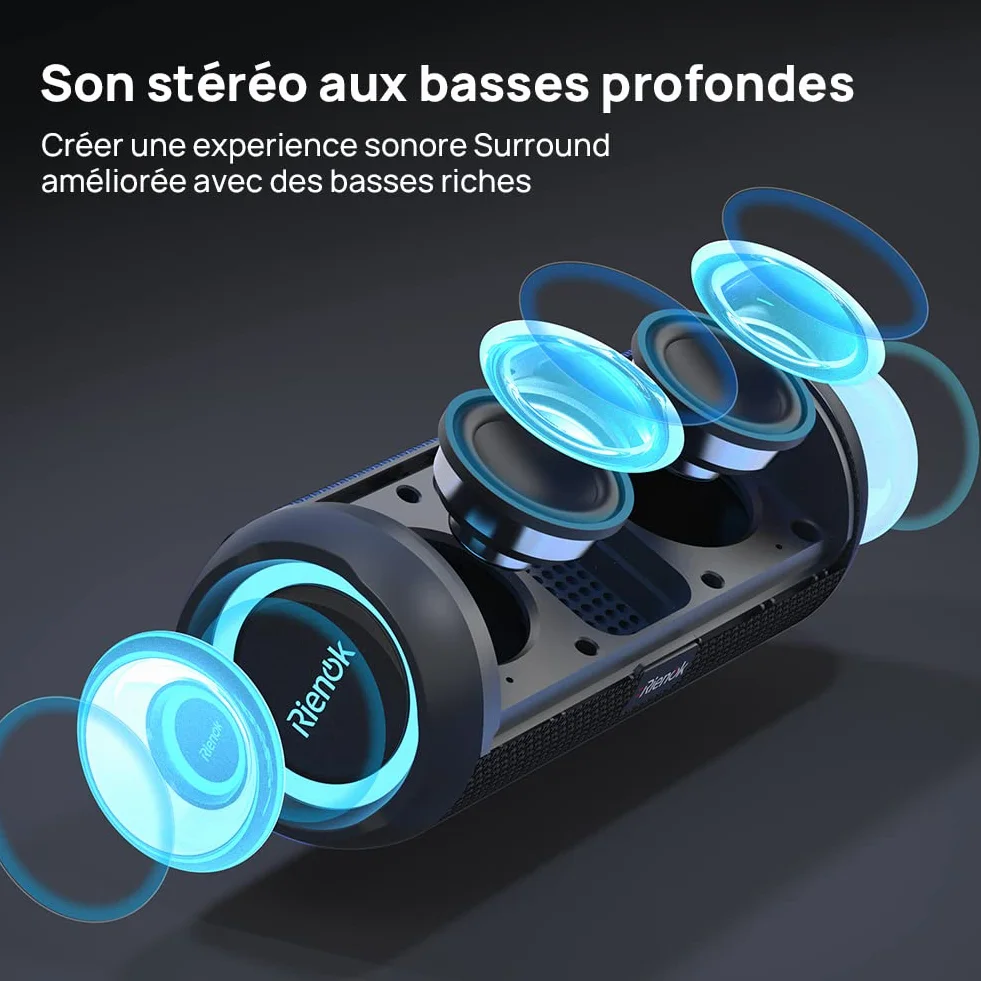 RIENOK Enceinte Portable Bluetooth 5.3 30W IPX7 30H Noir