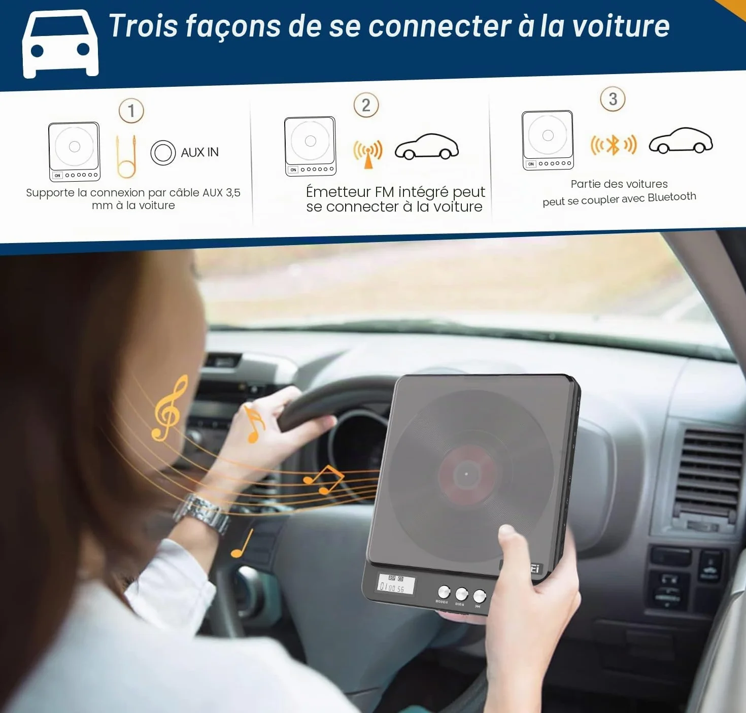 CCHKFEI Lecteur CD Portable Bluetooth Rechargeable Transmetteur FM Antichoc Double Prise Casque 3.5mm