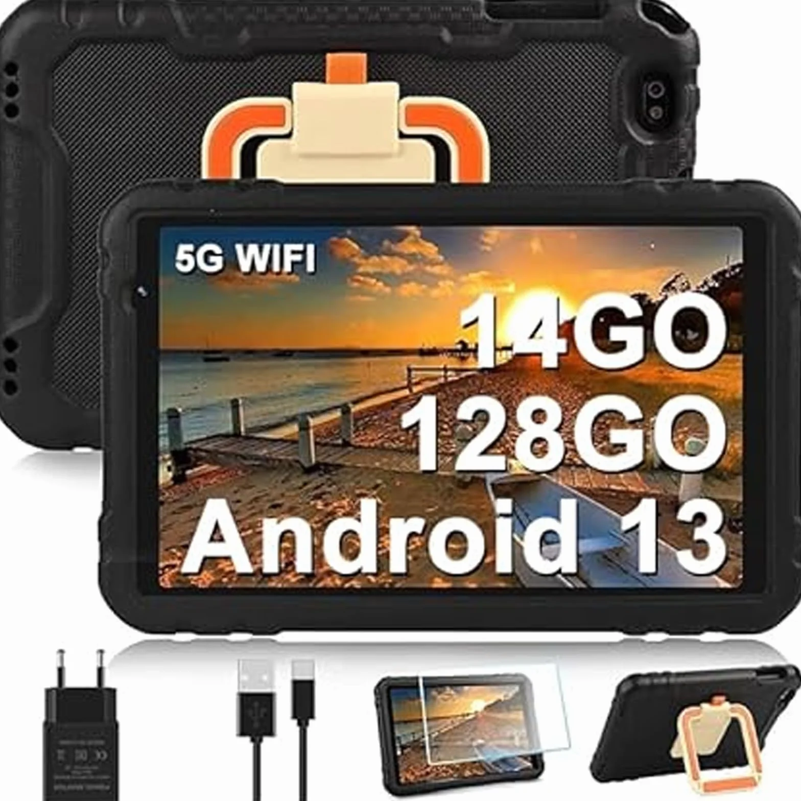 AOCWEI Tablette Enfant 10 Pouces, Tablette Android 13, 14 Go RAM + 128 Go ROM (TF 512 GB) | Octa-Core | 5+8 MP | 5G WiFi | 8000 mAh | 2 Ans de Garantie, Coque Antichoc Robuste - EVA - Noir