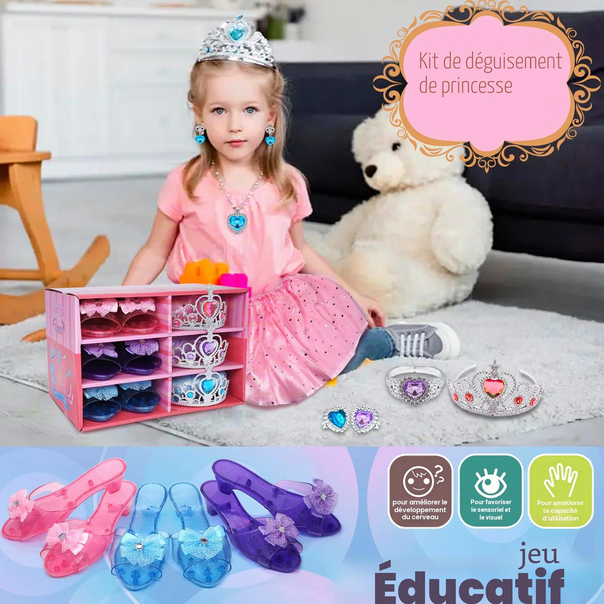 Princesse Costume Jouets pour Filles 3-6 Ans avec Jupes, Jeu de Rôle Cadeau Anniversaire Noël
